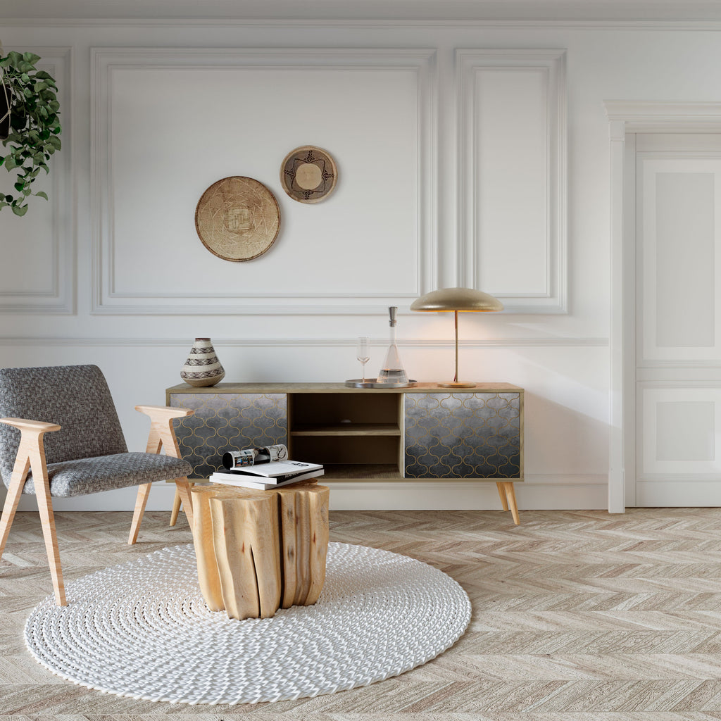 Meuble TV 2 portes effet chêne grisé à motifs mosaïques