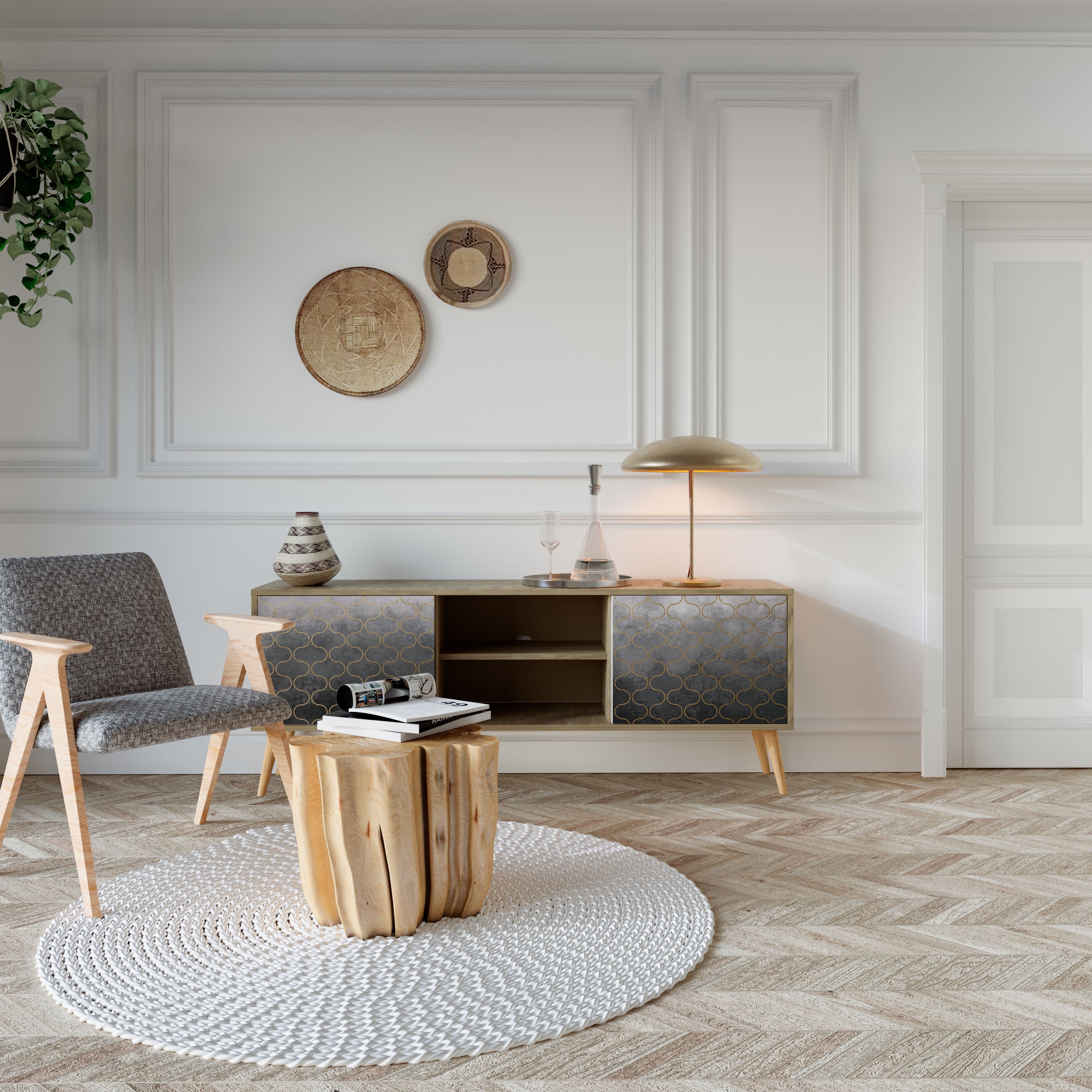 Meuble TV 2 portes effet chêne grisé à motifs mosaïques