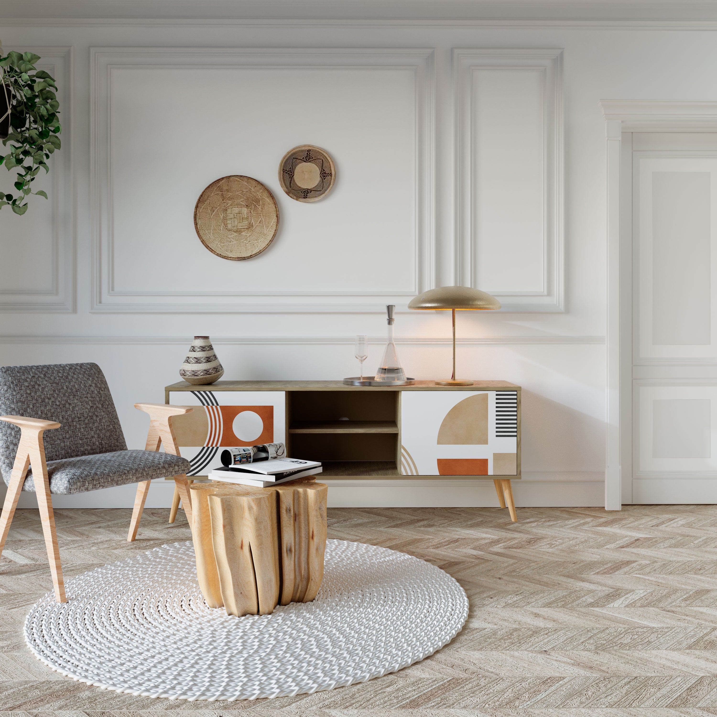 Meuble TV 2 portes CIRCLE RHYTM effet chêne