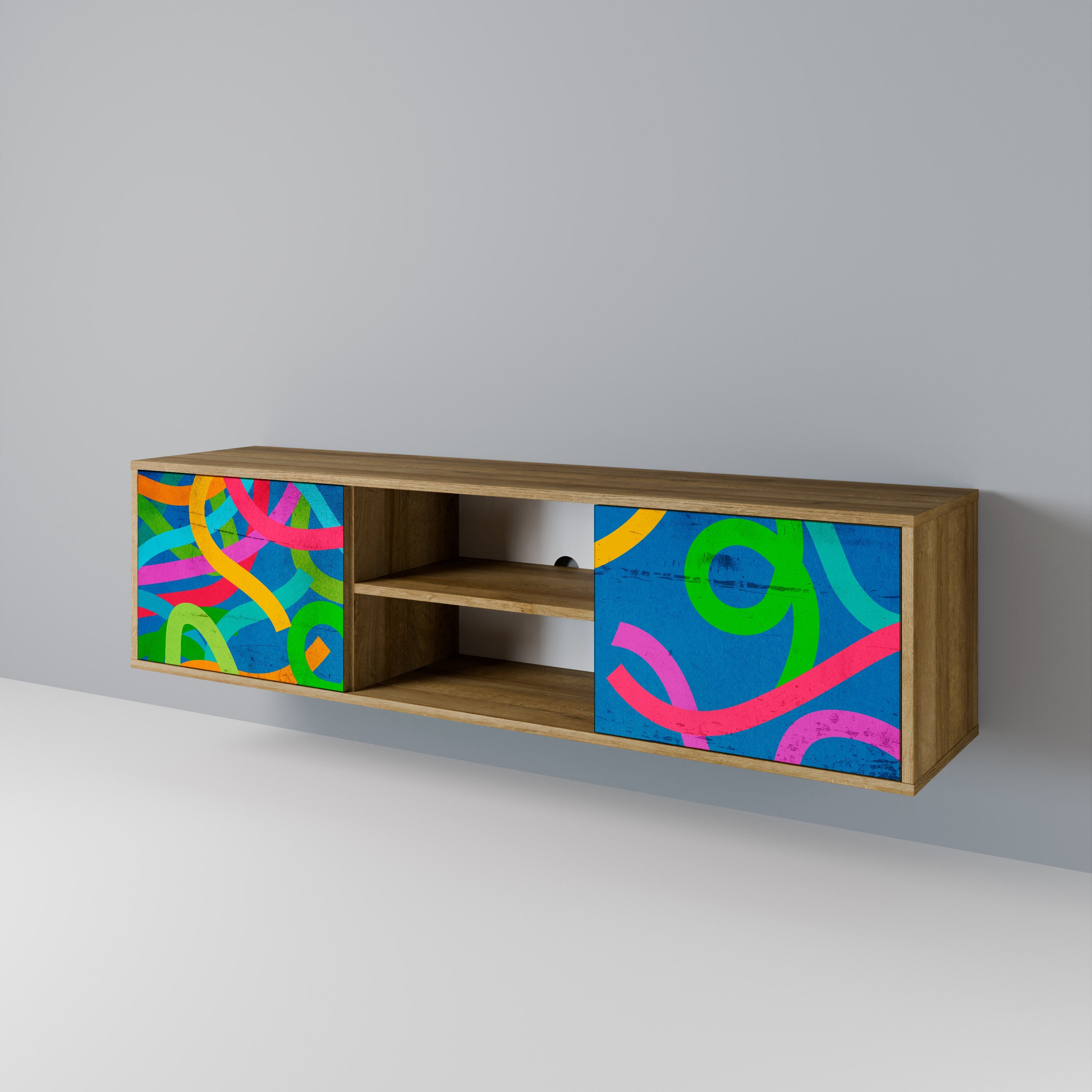 Meuble TV 2 portes STREAMER TANGLE effet chêne