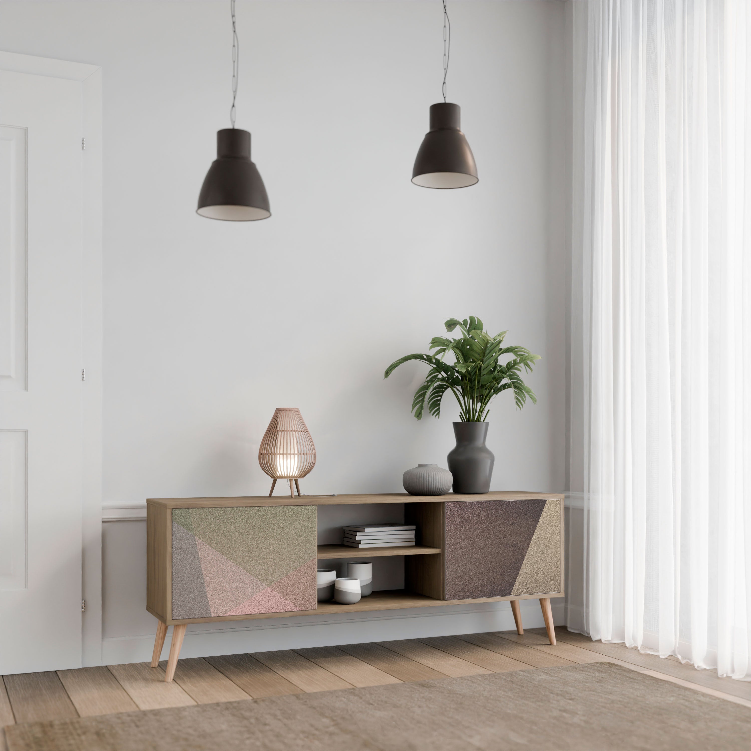 Meuble TV 2 portes BEIGE GEOMETRY effet chêne