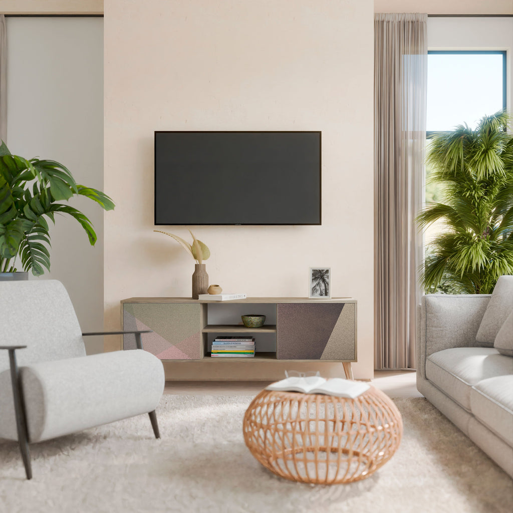 Meuble TV 2 portes BEIGE GEOMETRY effet chêne