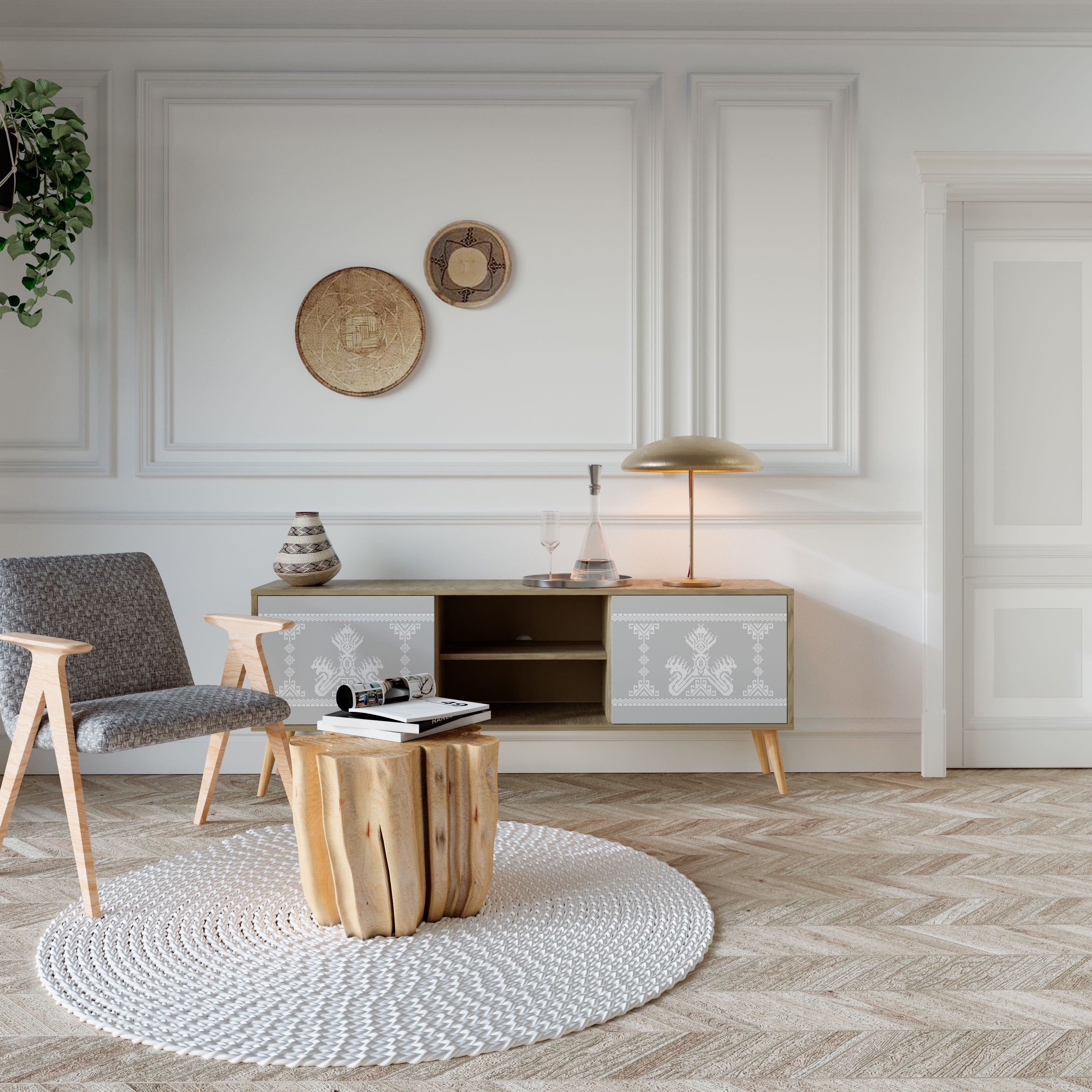 Meuble TV 2 portes THAI GRAY effet chêne