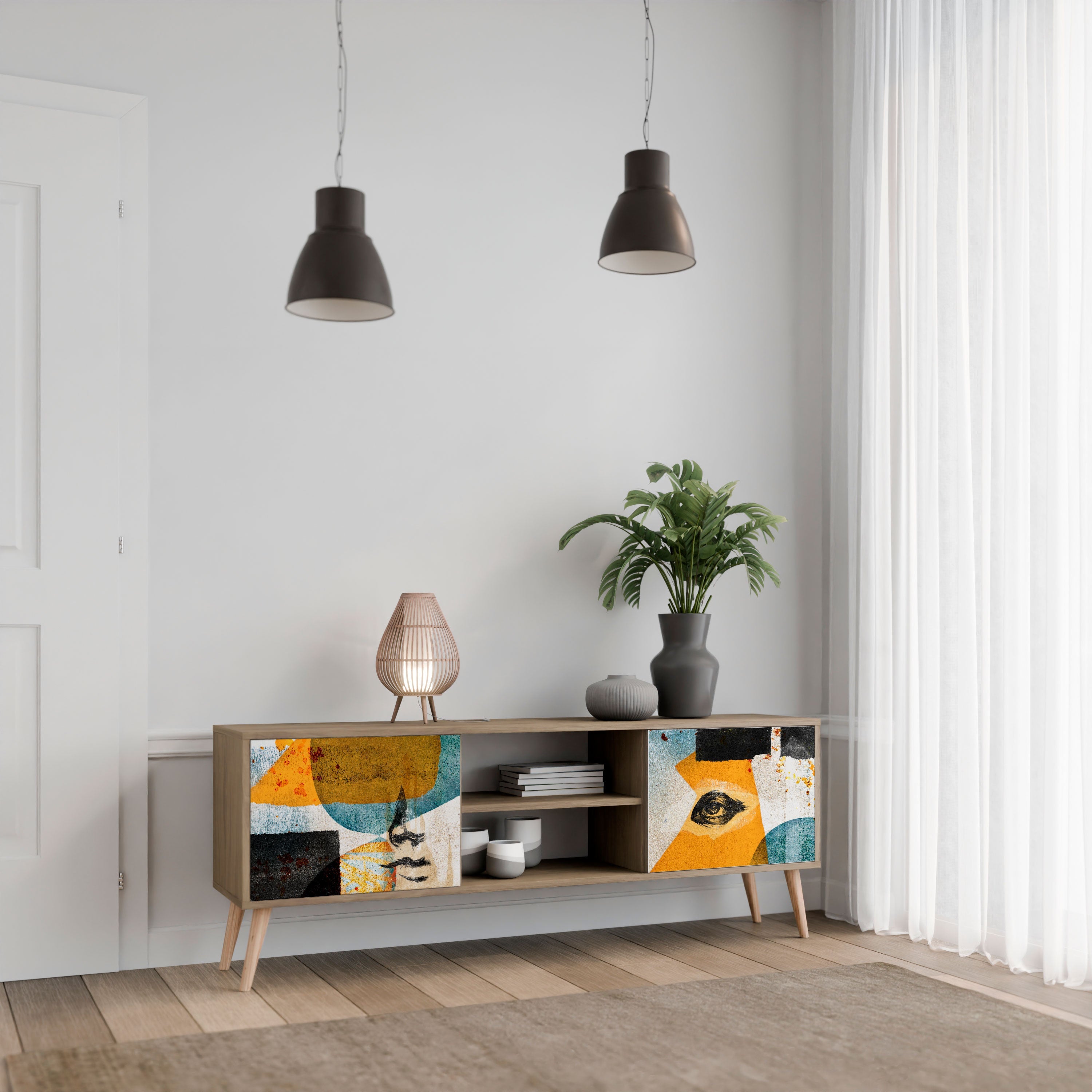 Meuble TV 2 portes ABSTRACT FACES effet chêne