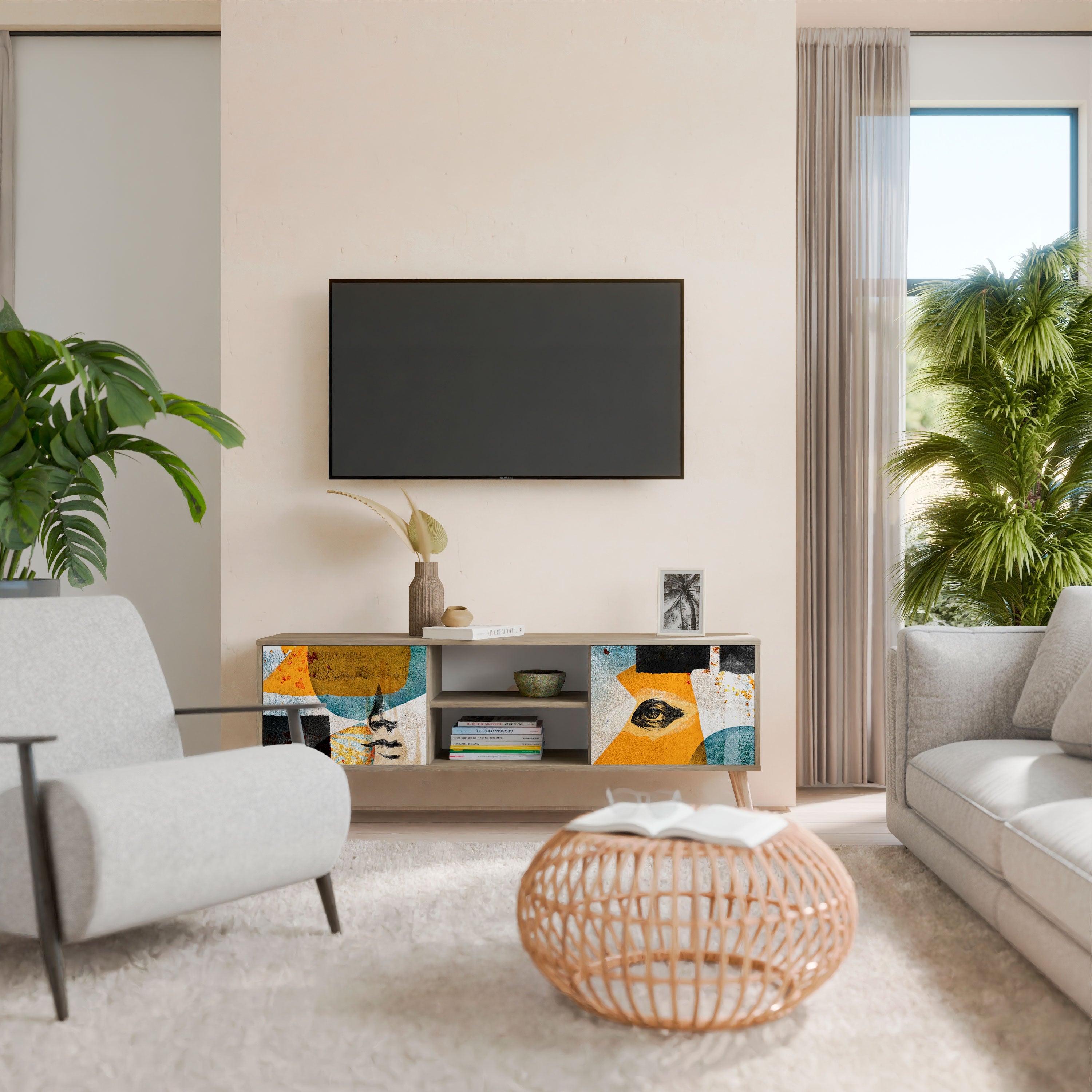 Meuble TV 2 portes ABSTRACT FACES effet chêne