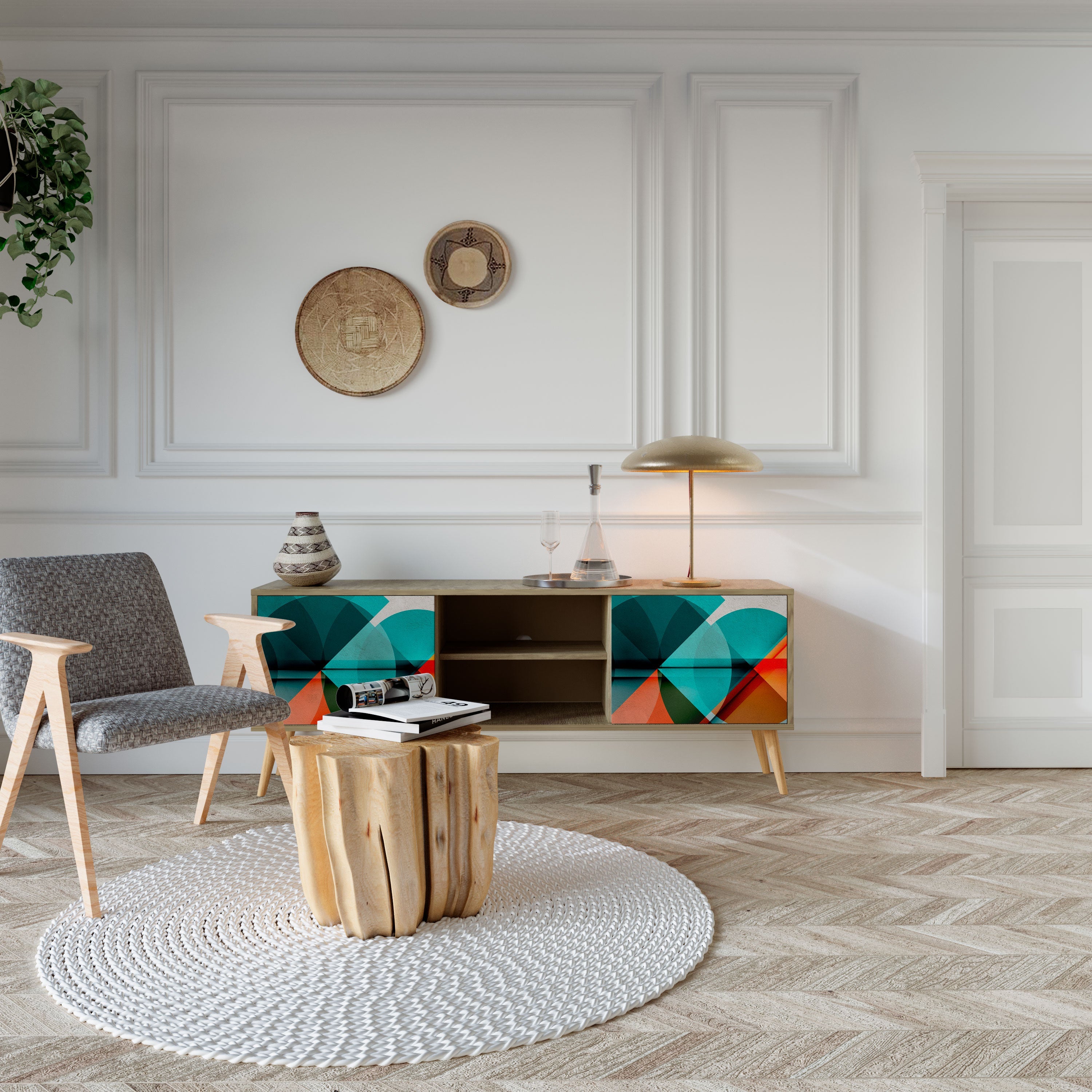 Meuble TV 2 portes CIRCULAR RHAPSODY effet chêne