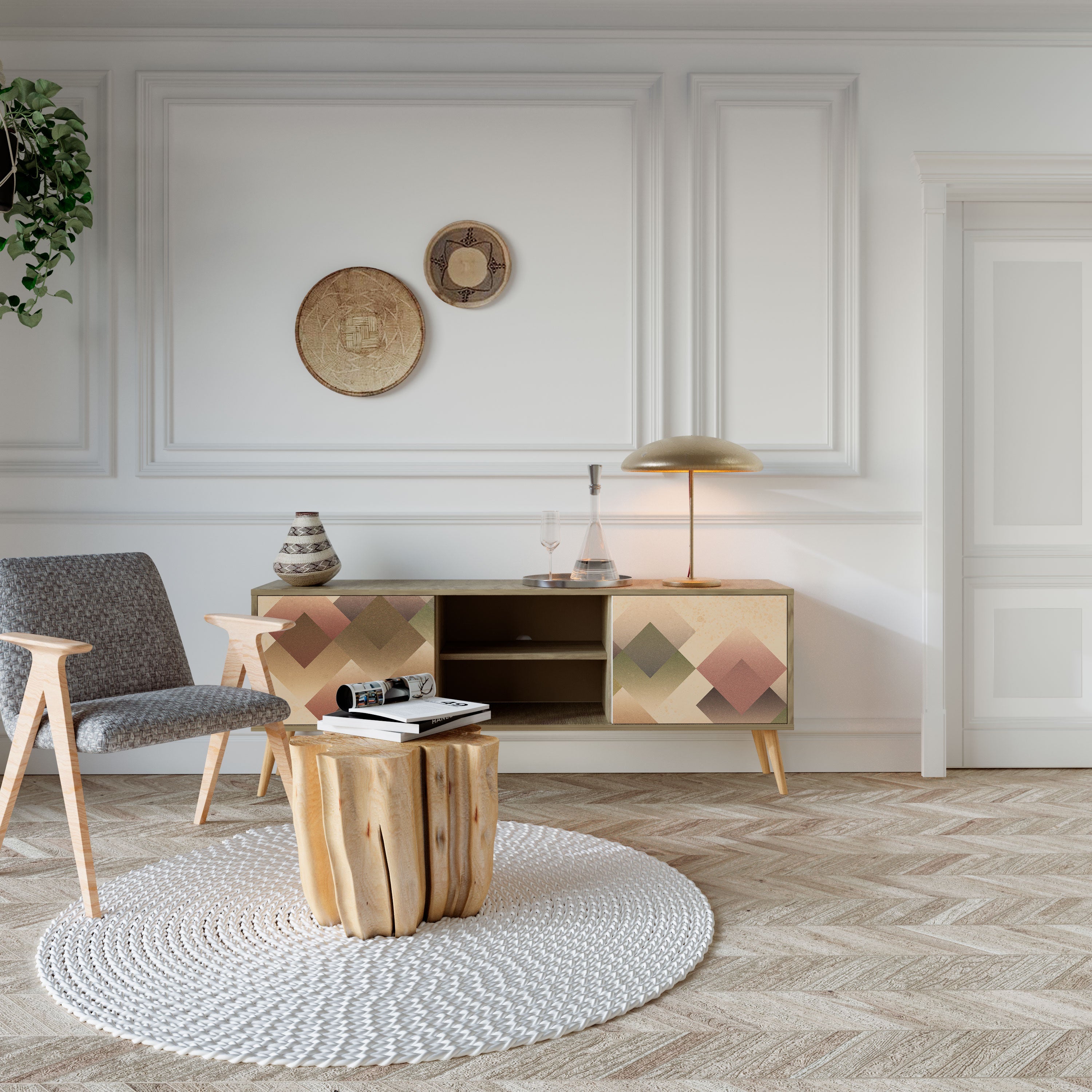 Meuble TV 2 portes GEOMETRIC FUSION effet chêne