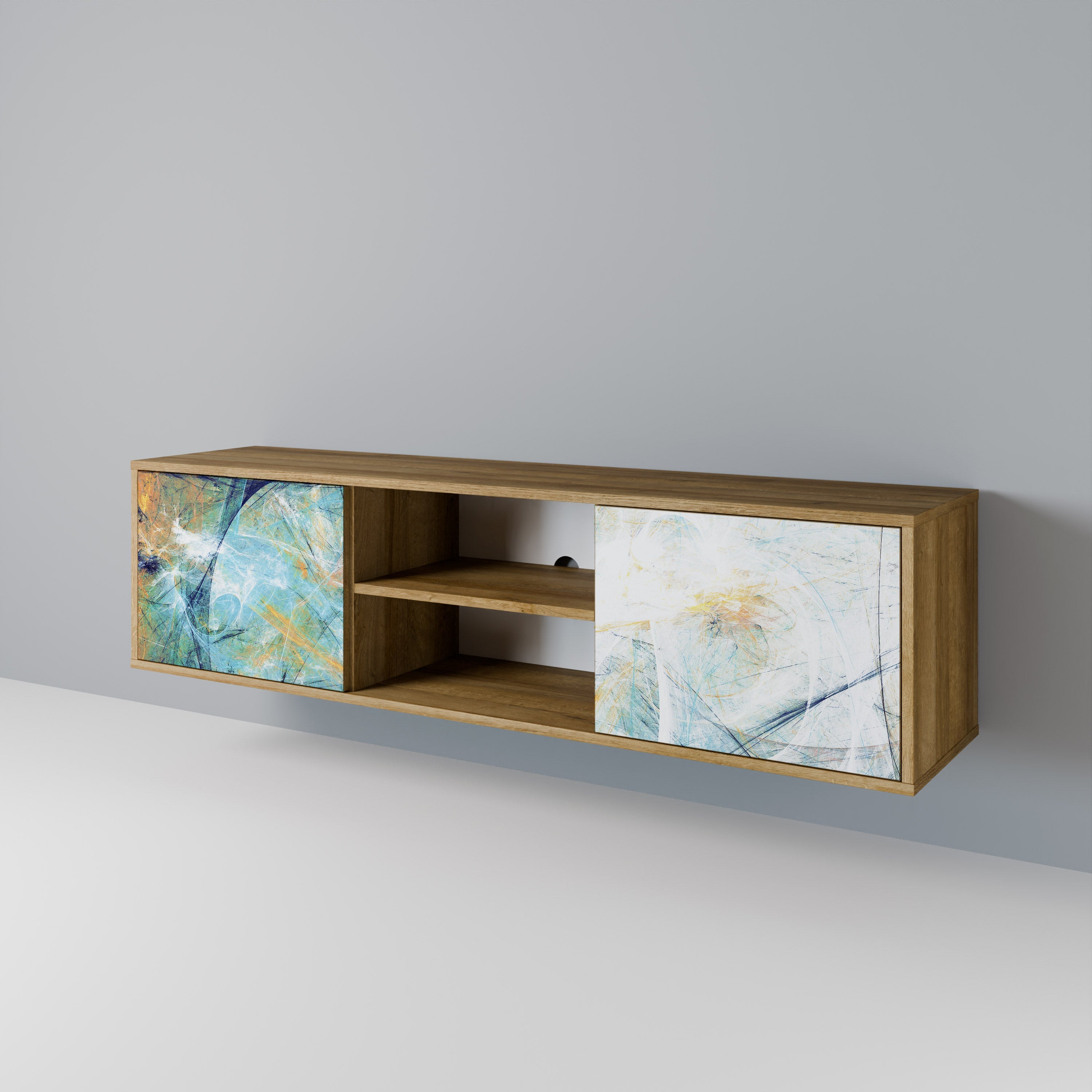 RÉFLEXIONS ABSTRAITES Meuble TV 2 portes effet chêne