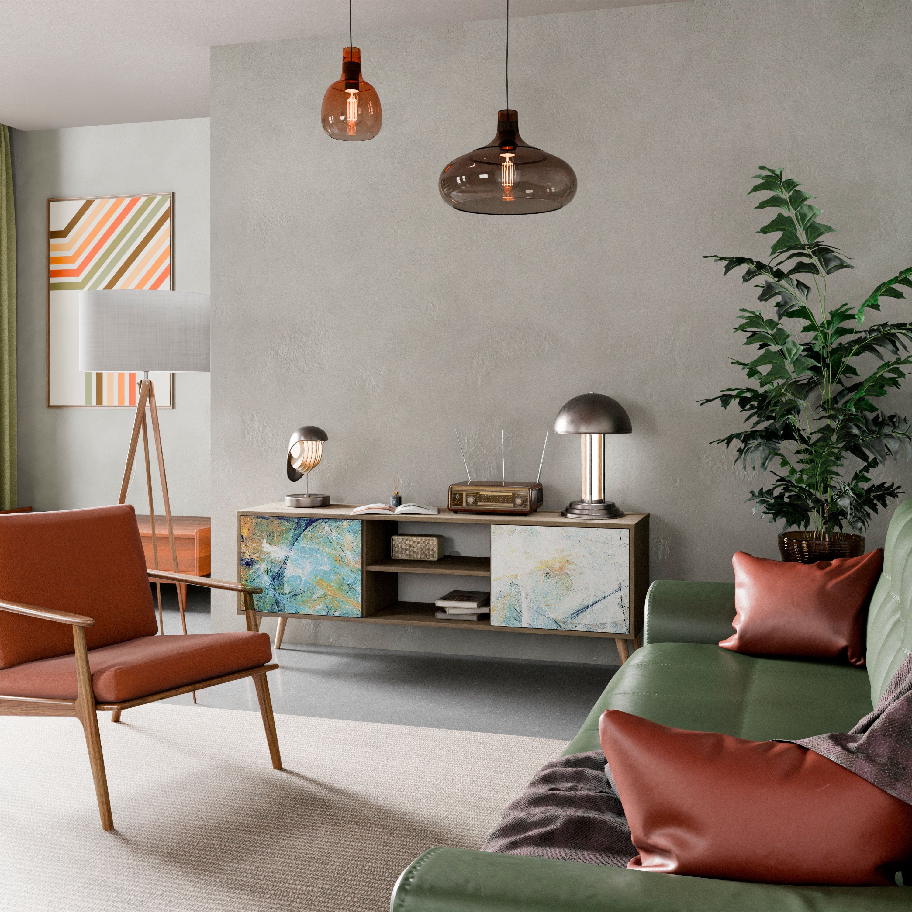 RÉFLEXIONS ABSTRAITES Meuble TV 2 portes effet chêne