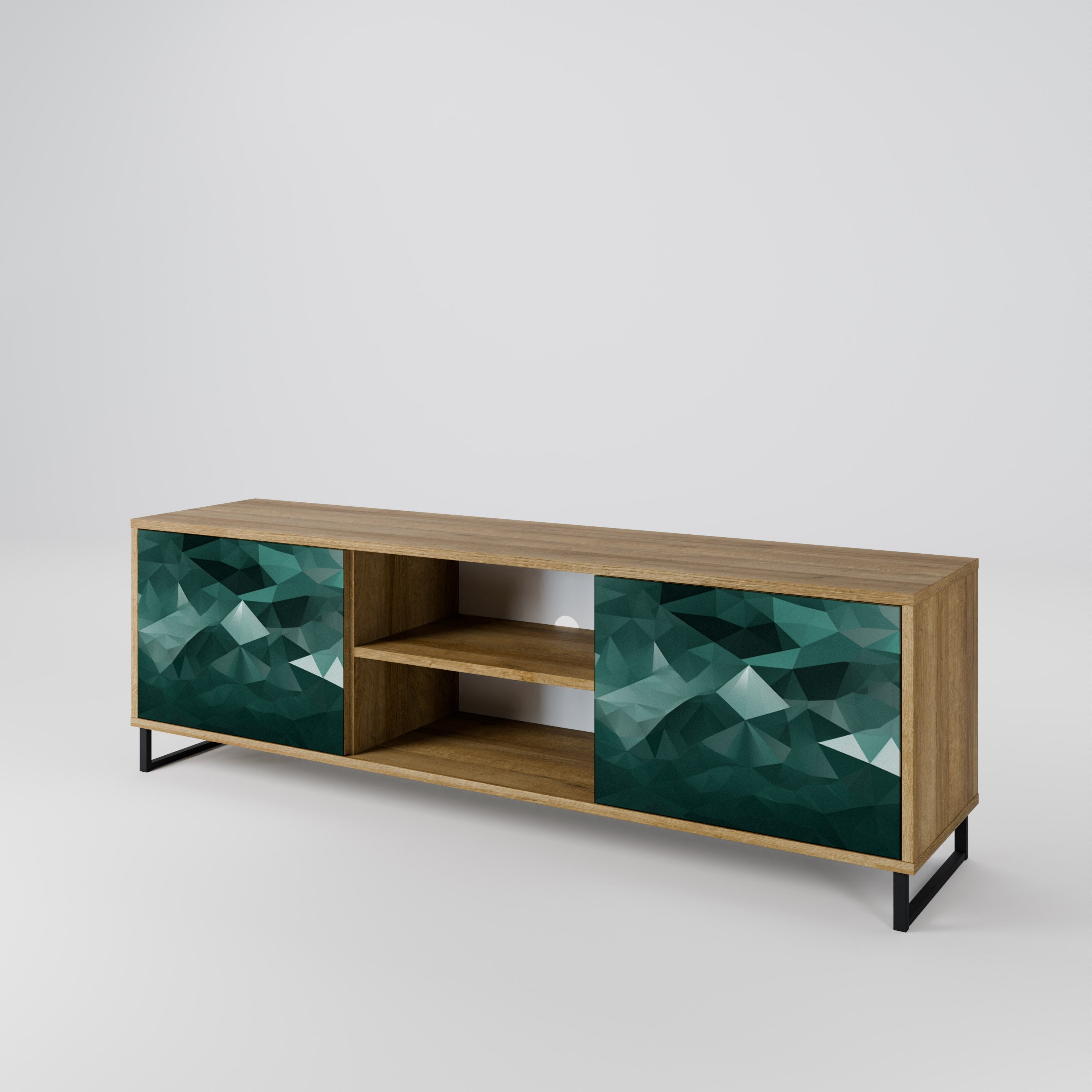 Meuble TV 2 portes flottant polygonal effet chêne