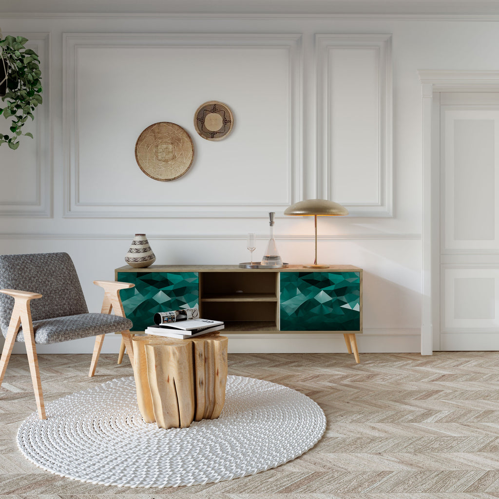 Meuble TV 2 portes flottant polygonal effet chêne