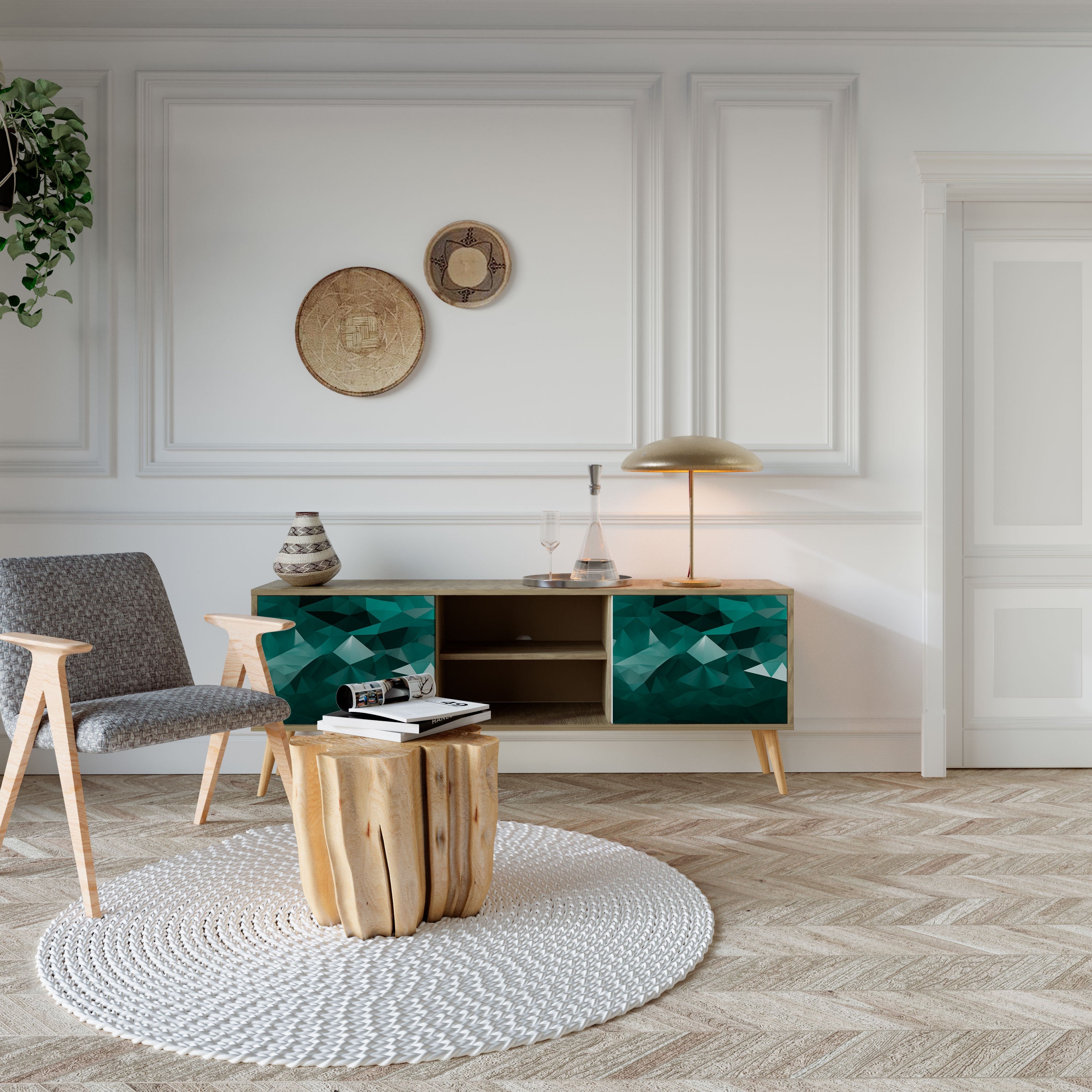 Meuble TV 2 portes flottant polygonal effet chêne