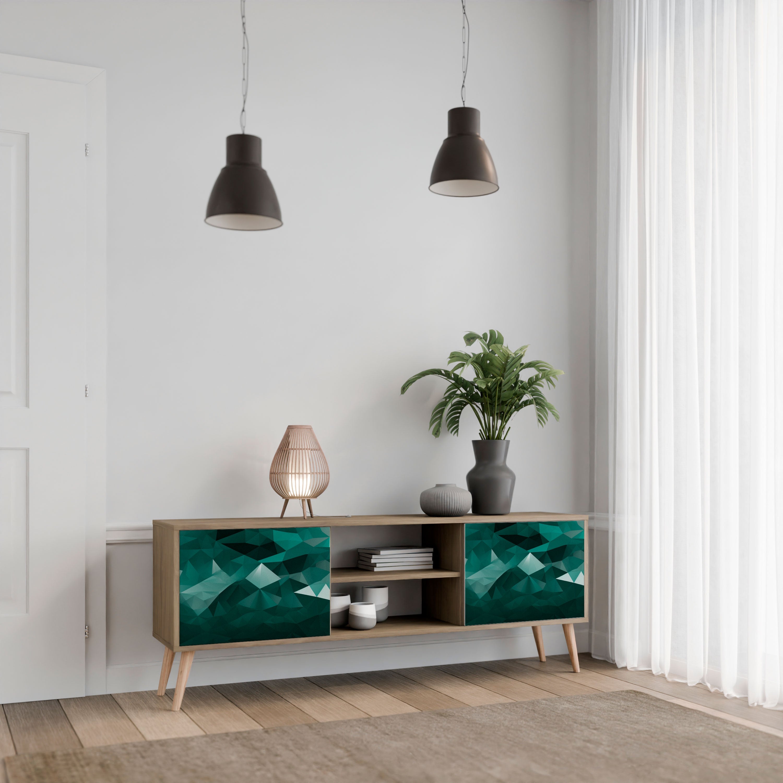 Meuble TV 2 portes flottant polygonal effet chêne