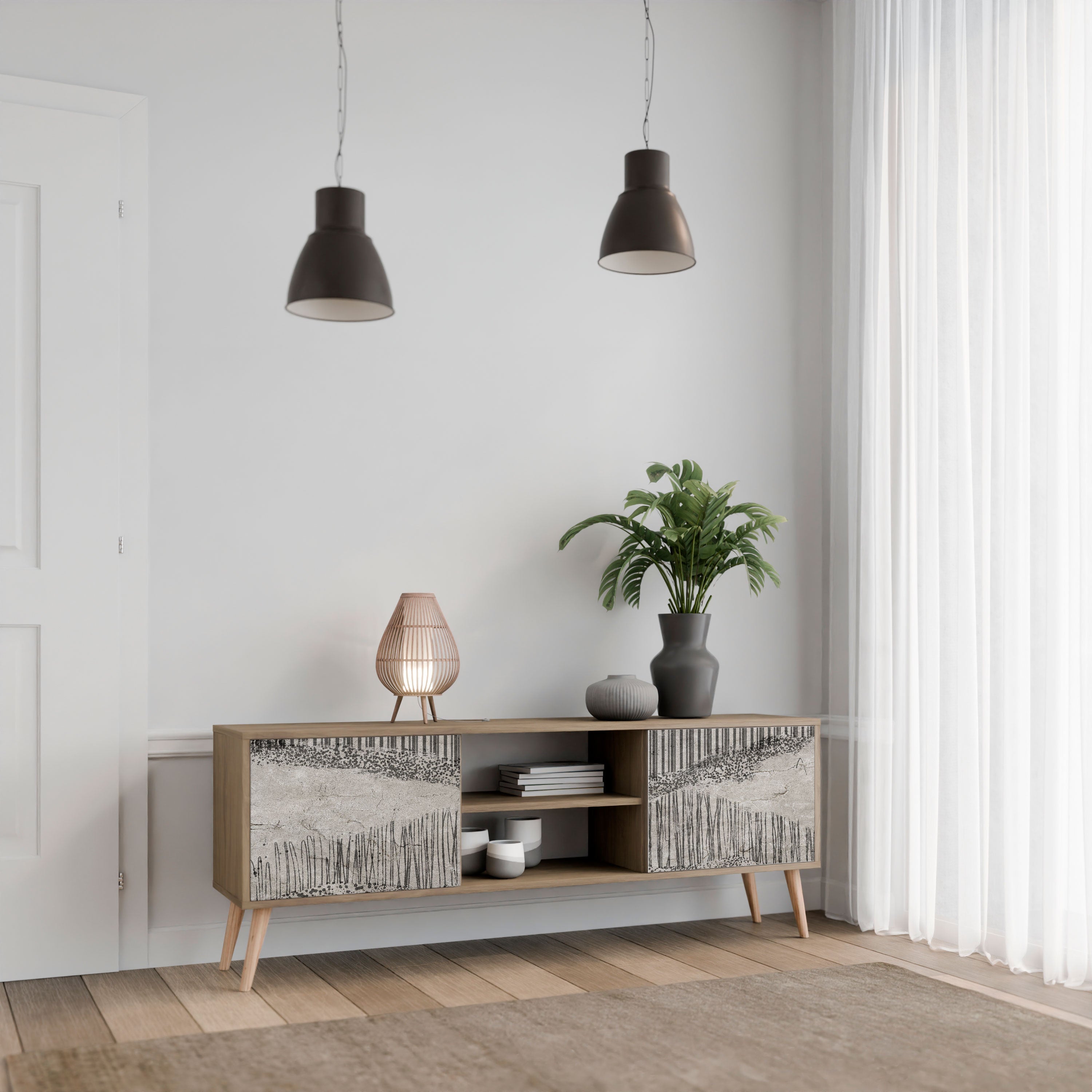 Meuble TV 2 portes GRAIN LINES effet chêne