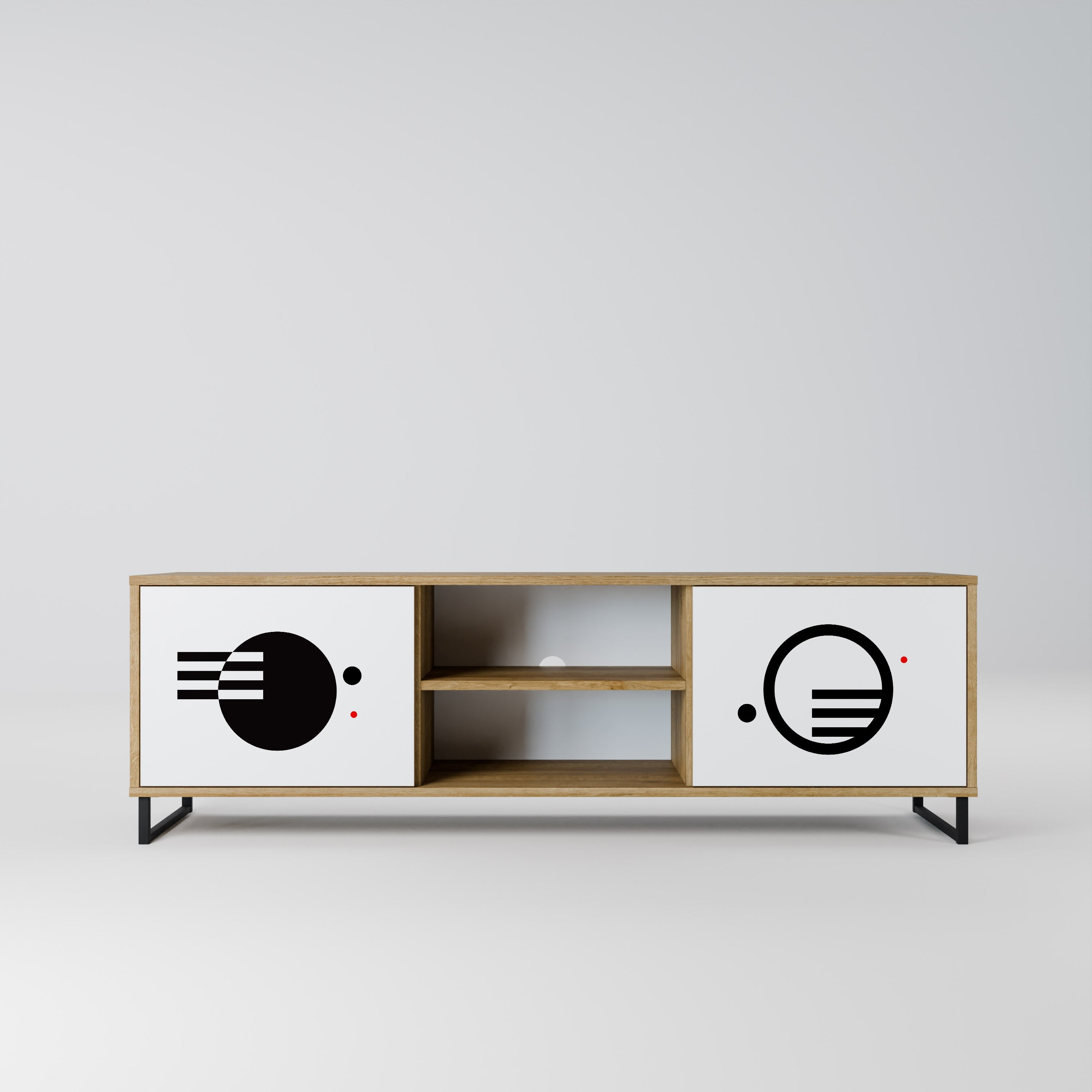 Meuble TV 2 portes effet chêne, combinaison noir et blanc