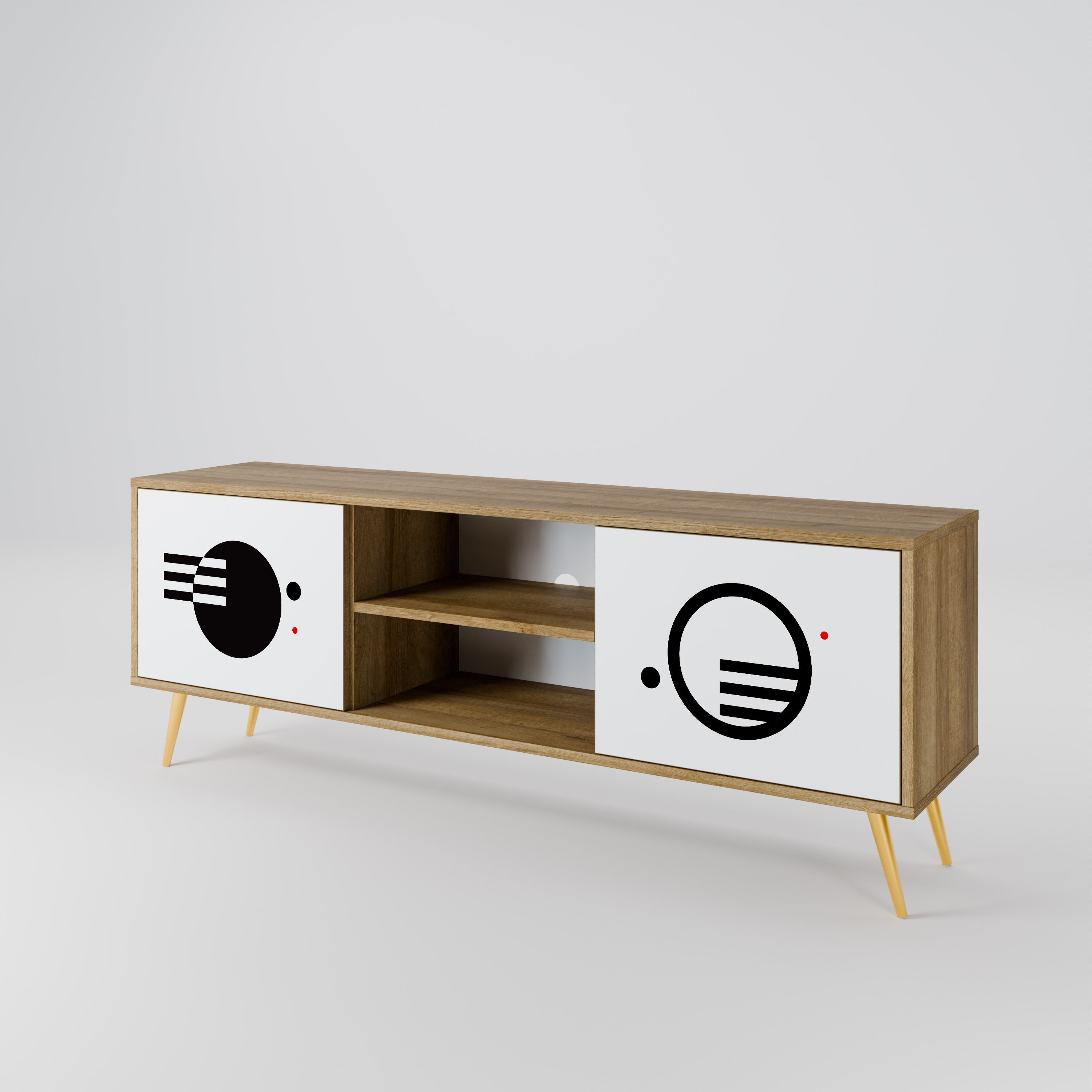 Meuble TV 2 portes effet chêne, combinaison noir et blanc