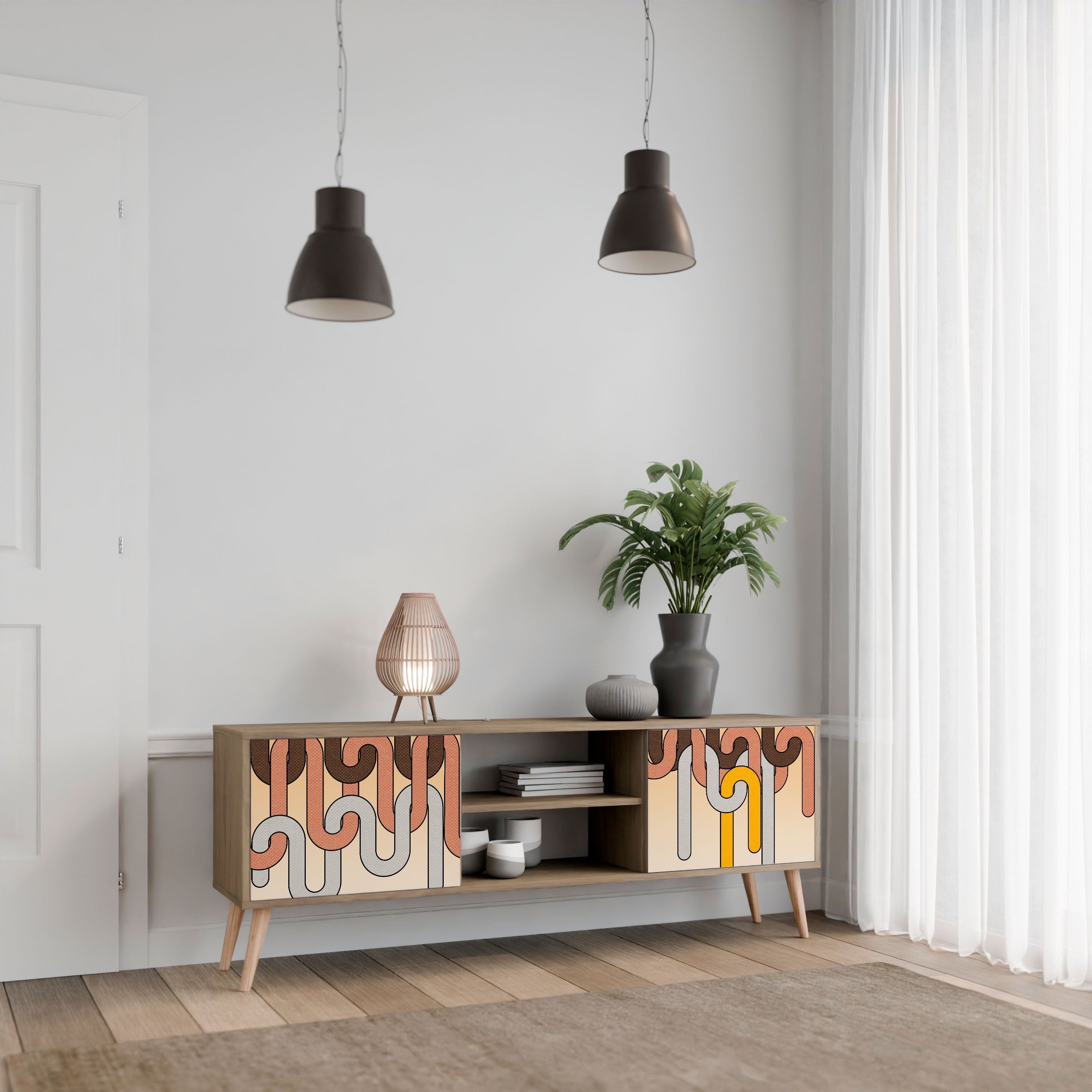 Meuble TV 2 portes COLORFUL STRINGS effet chêne