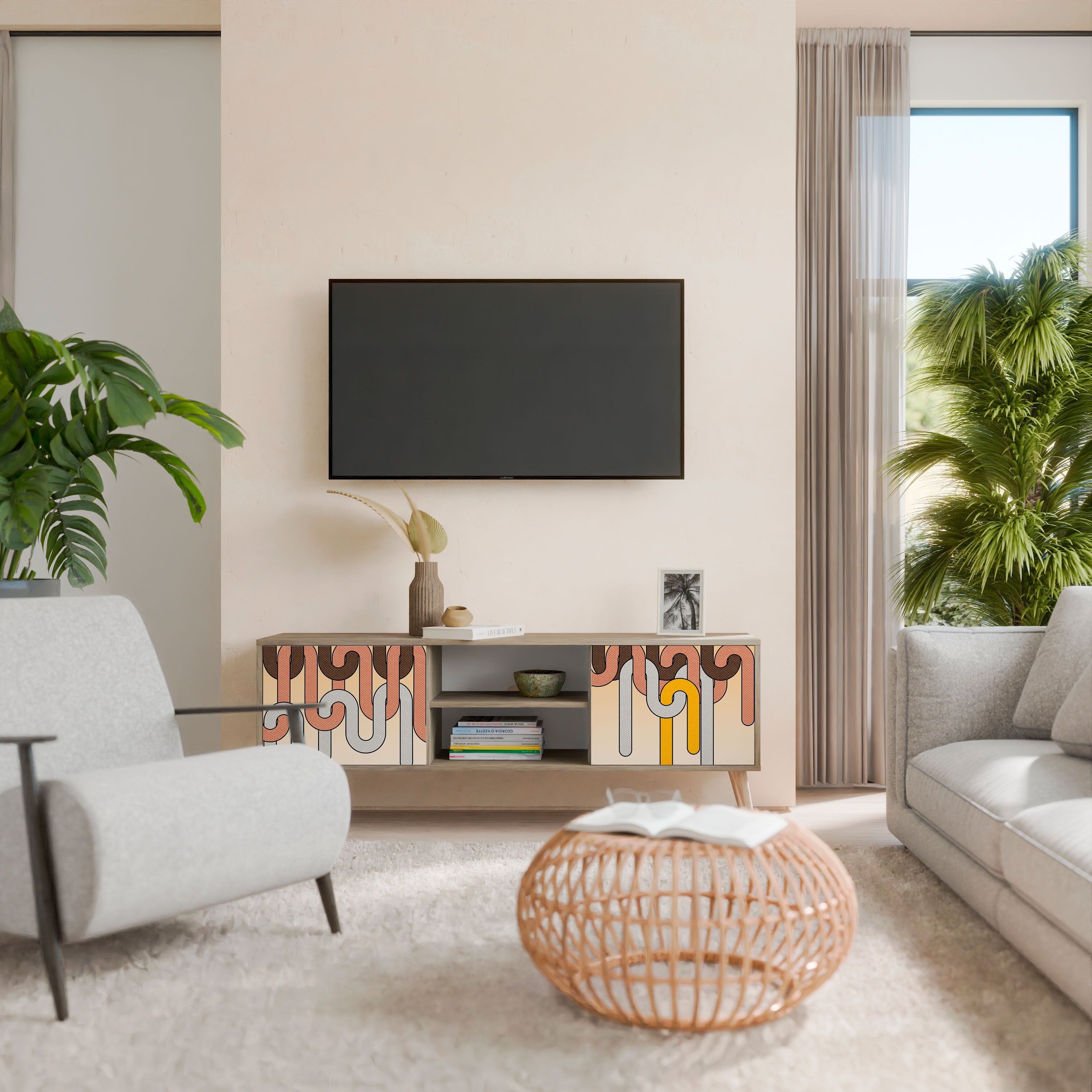 Meuble TV 2 portes COLORFUL STRINGS effet chêne