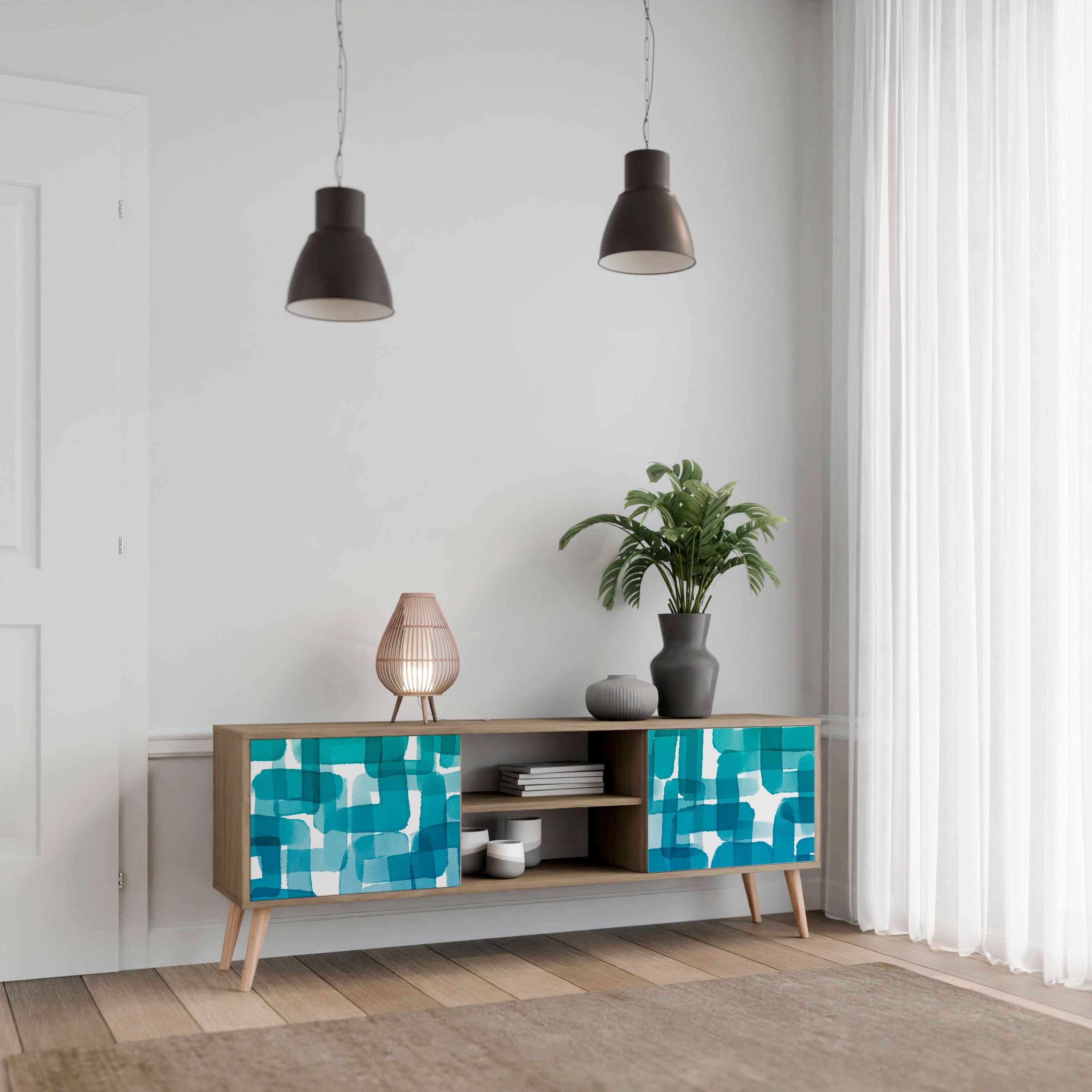 Meuble TV 2 portes TURQUOISE RECTANGLES effet chêne