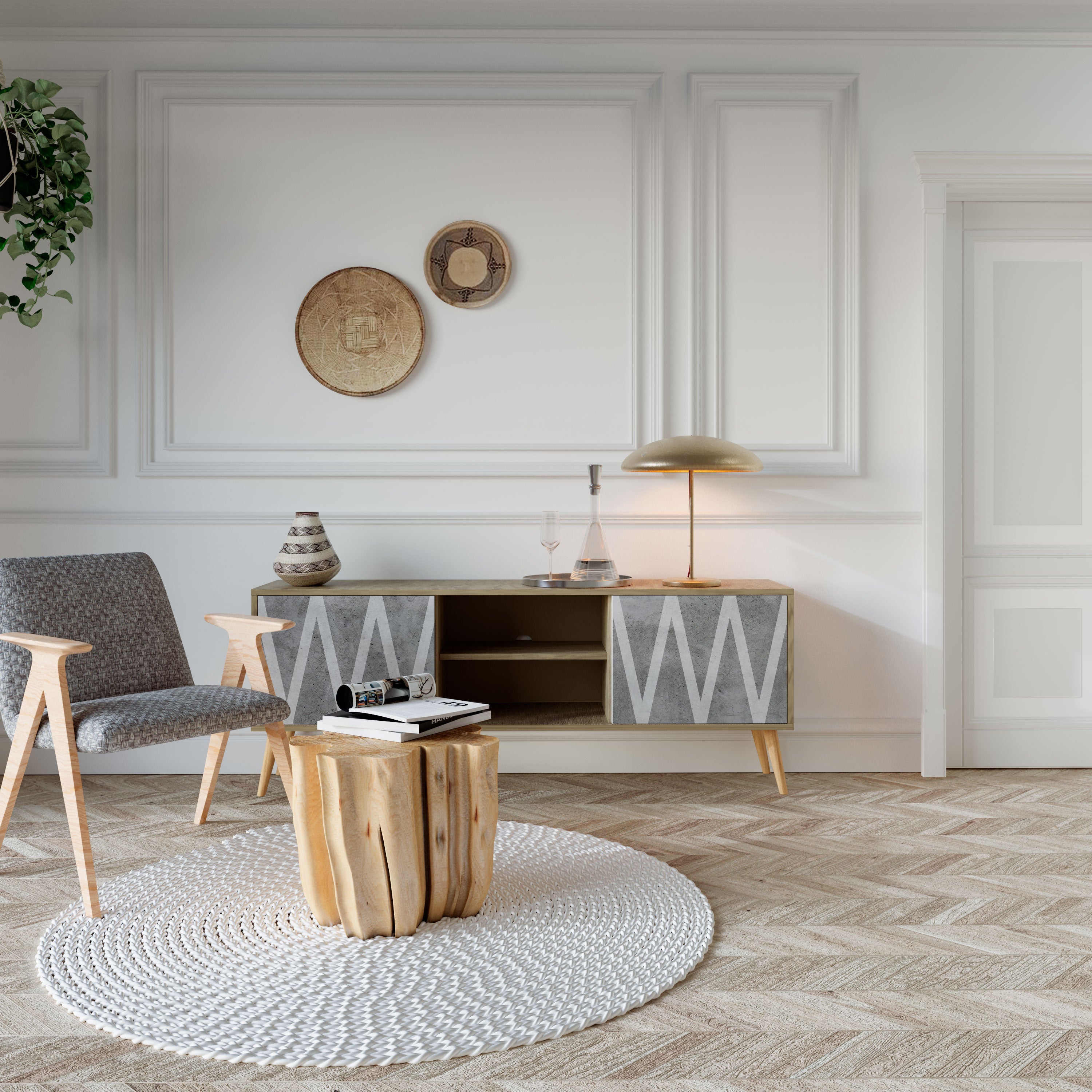 Meuble TV 2 portes SOLID ZIG ZAG effet chêne