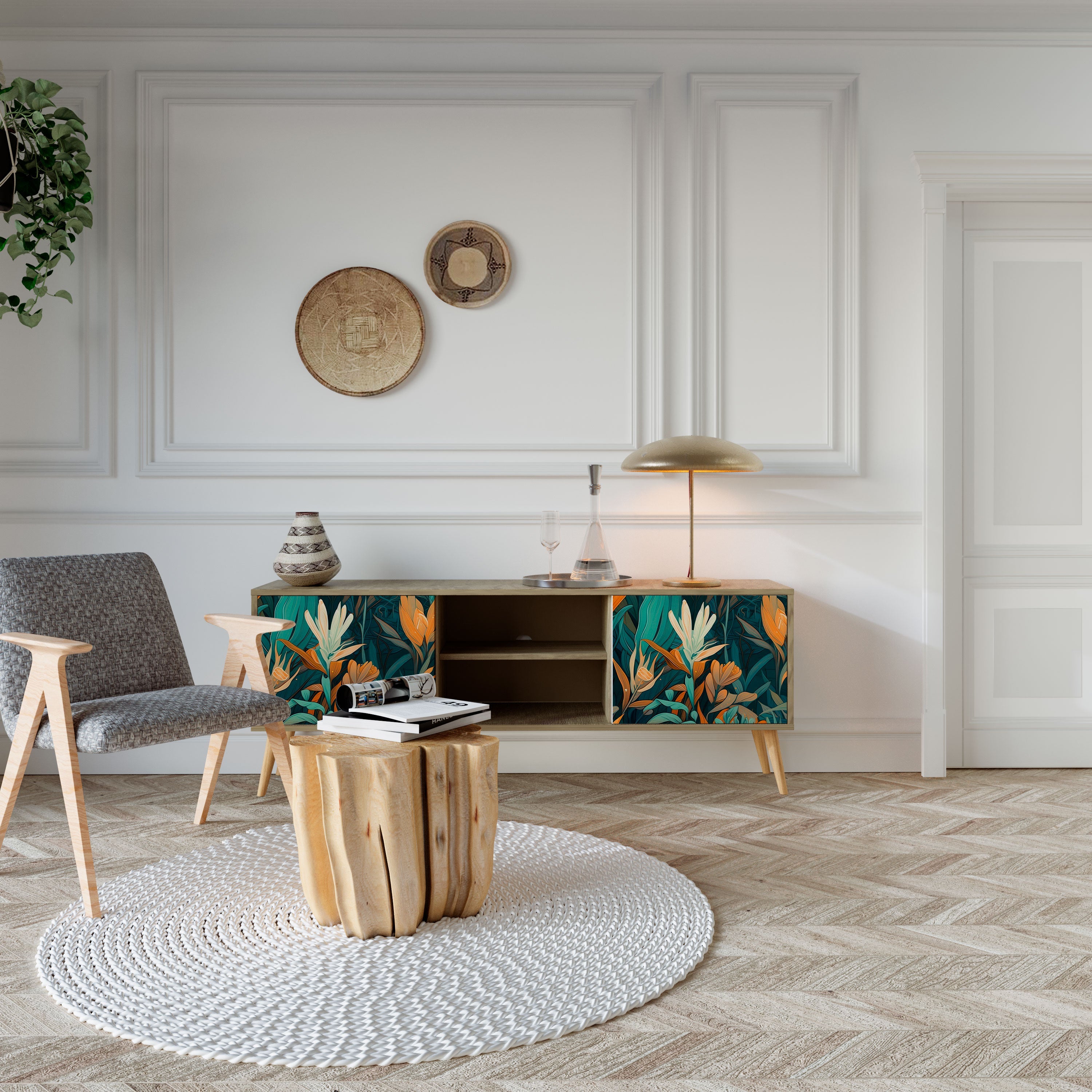 Meuble TV 2 portes FLORAL SERENITY effet chêne