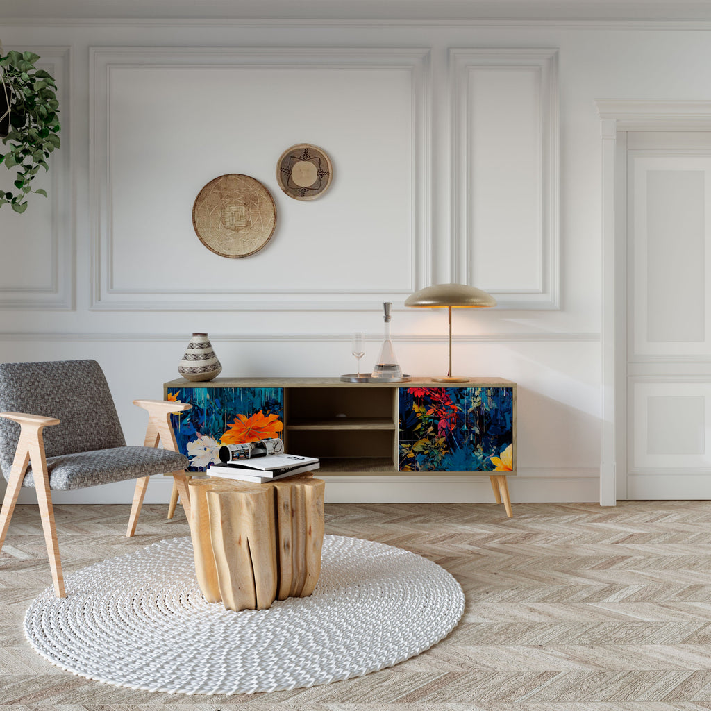 Meuble TV 2 portes MIDNIGHT BLOSSOM effet chêne