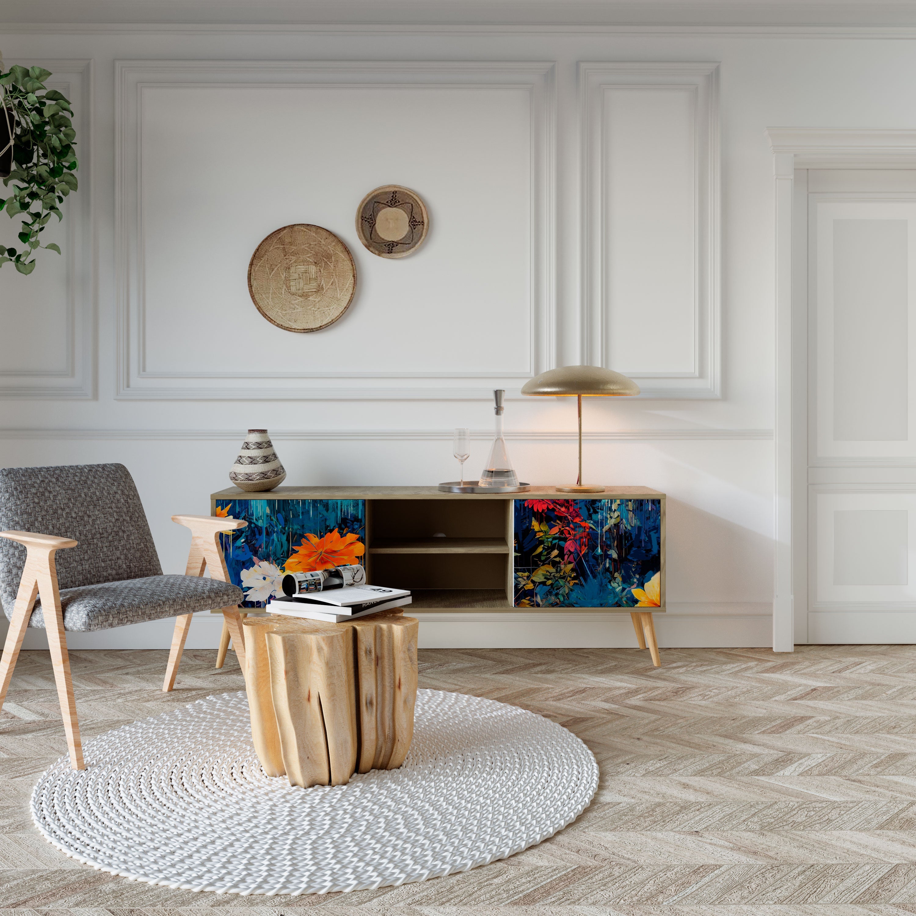 Meuble TV 2 portes MIDNIGHT BLOSSOM effet chêne