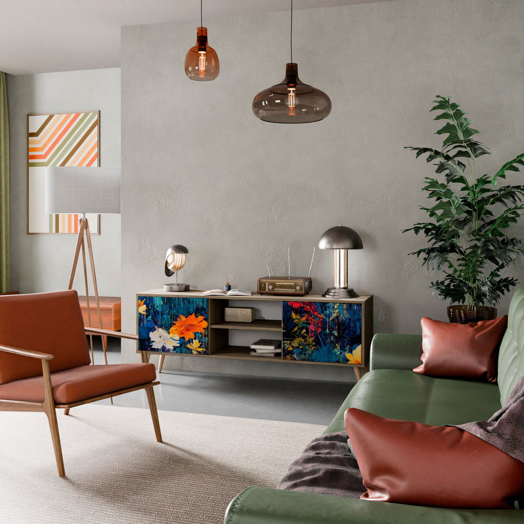 Meuble TV 2 portes MIDNIGHT BLOSSOM effet chêne