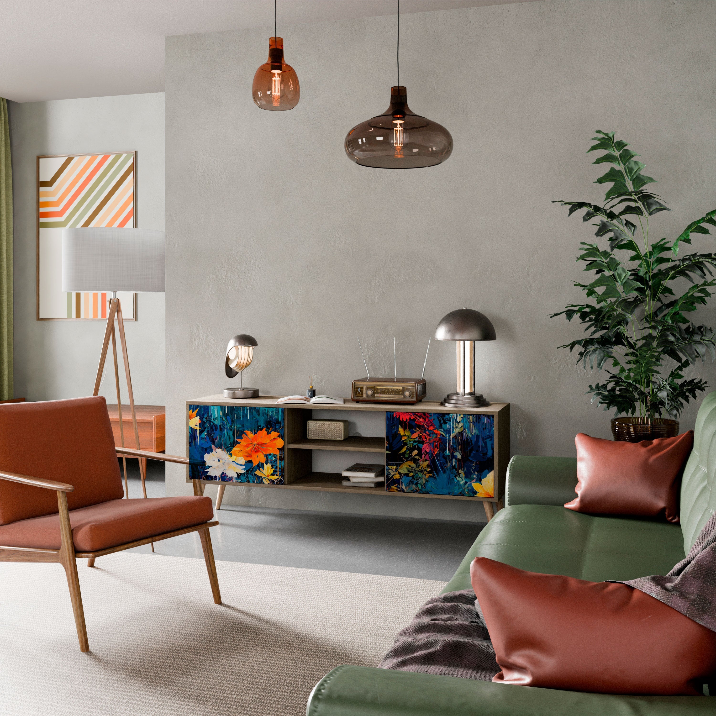 Meuble TV 2 portes MIDNIGHT BLOSSOM effet chêne