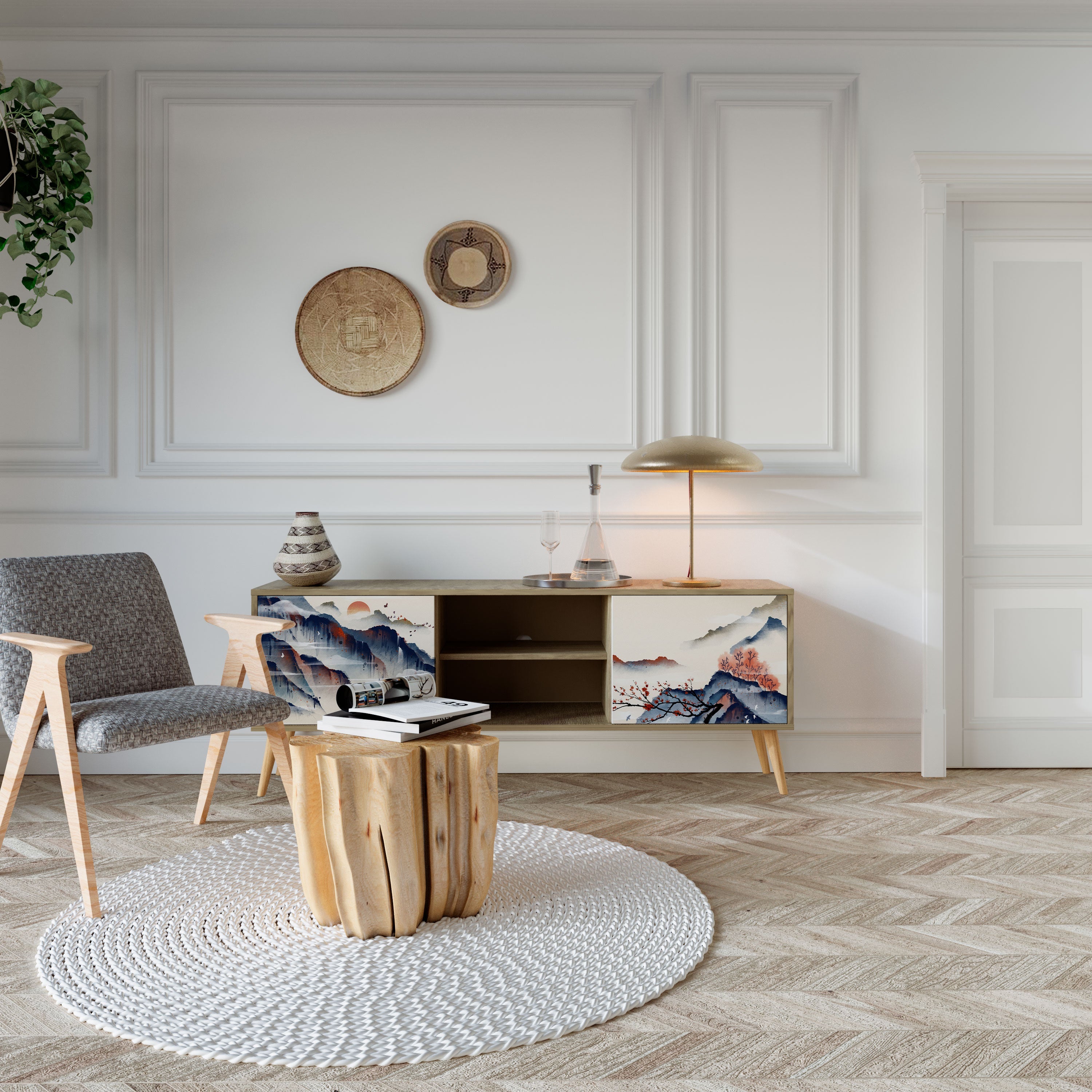 Meuble TV 2 portes effet chêne PAYSAGE JAPONAIS