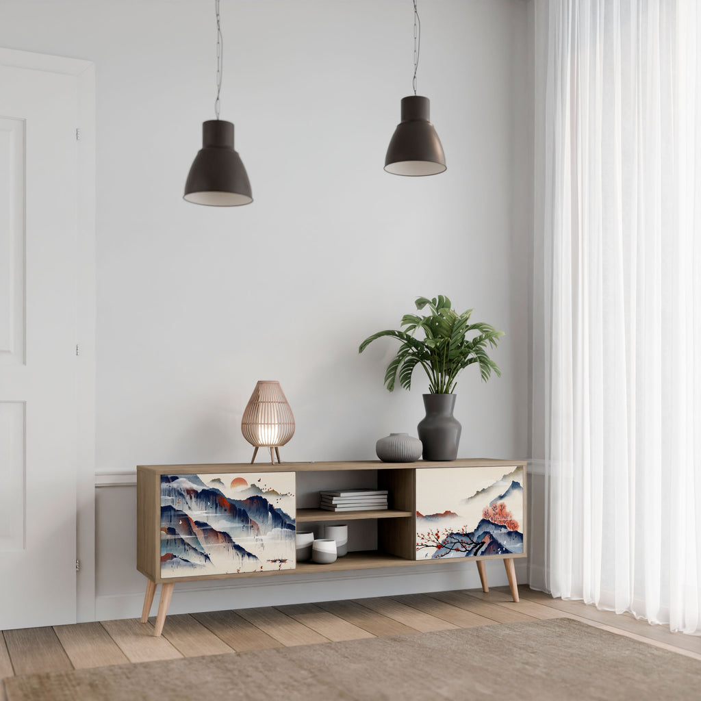 Meuble TV 2 portes effet chêne PAYSAGE JAPONAIS