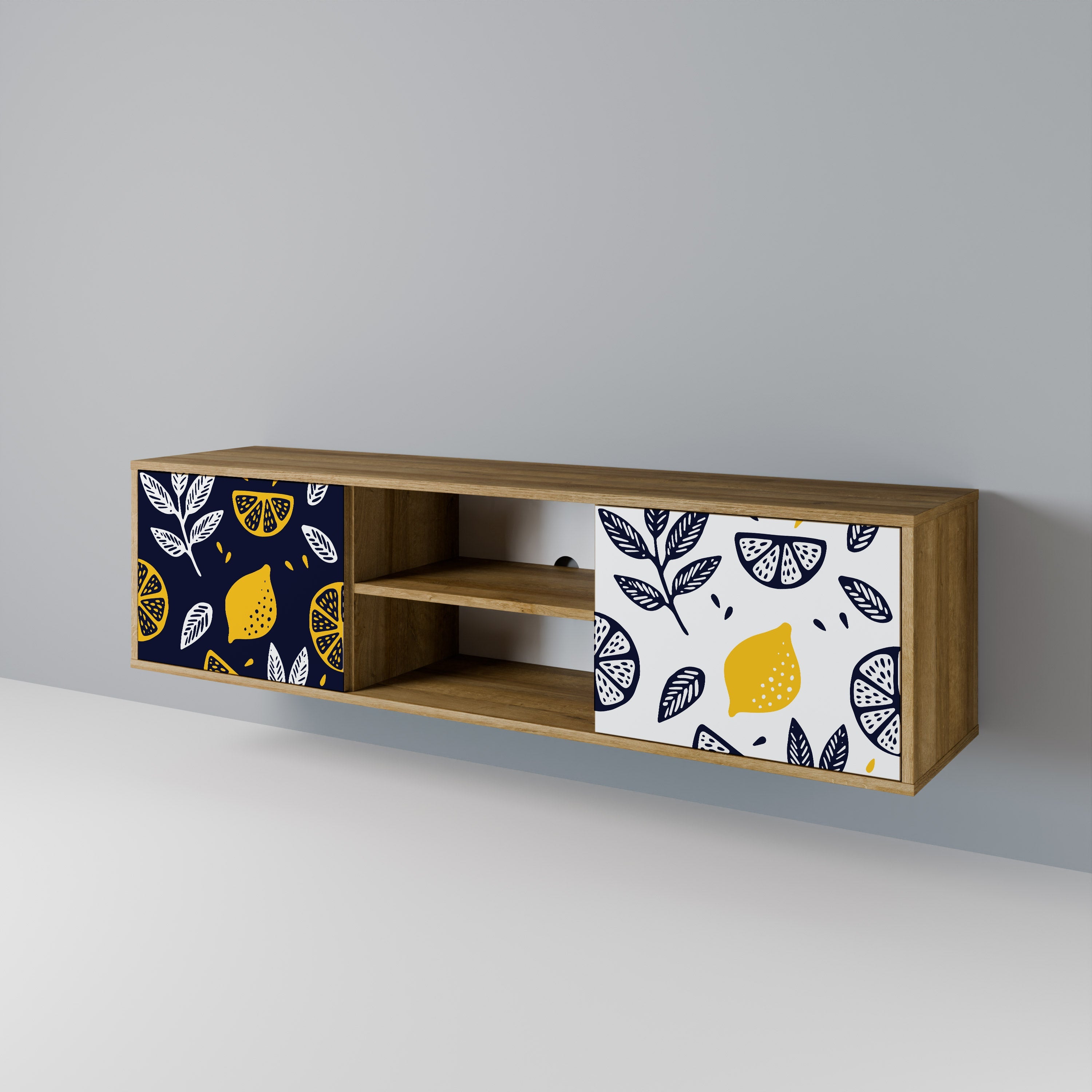 Meuble TV 2 portes CITRUS NOIR ET BLANC effet chêne