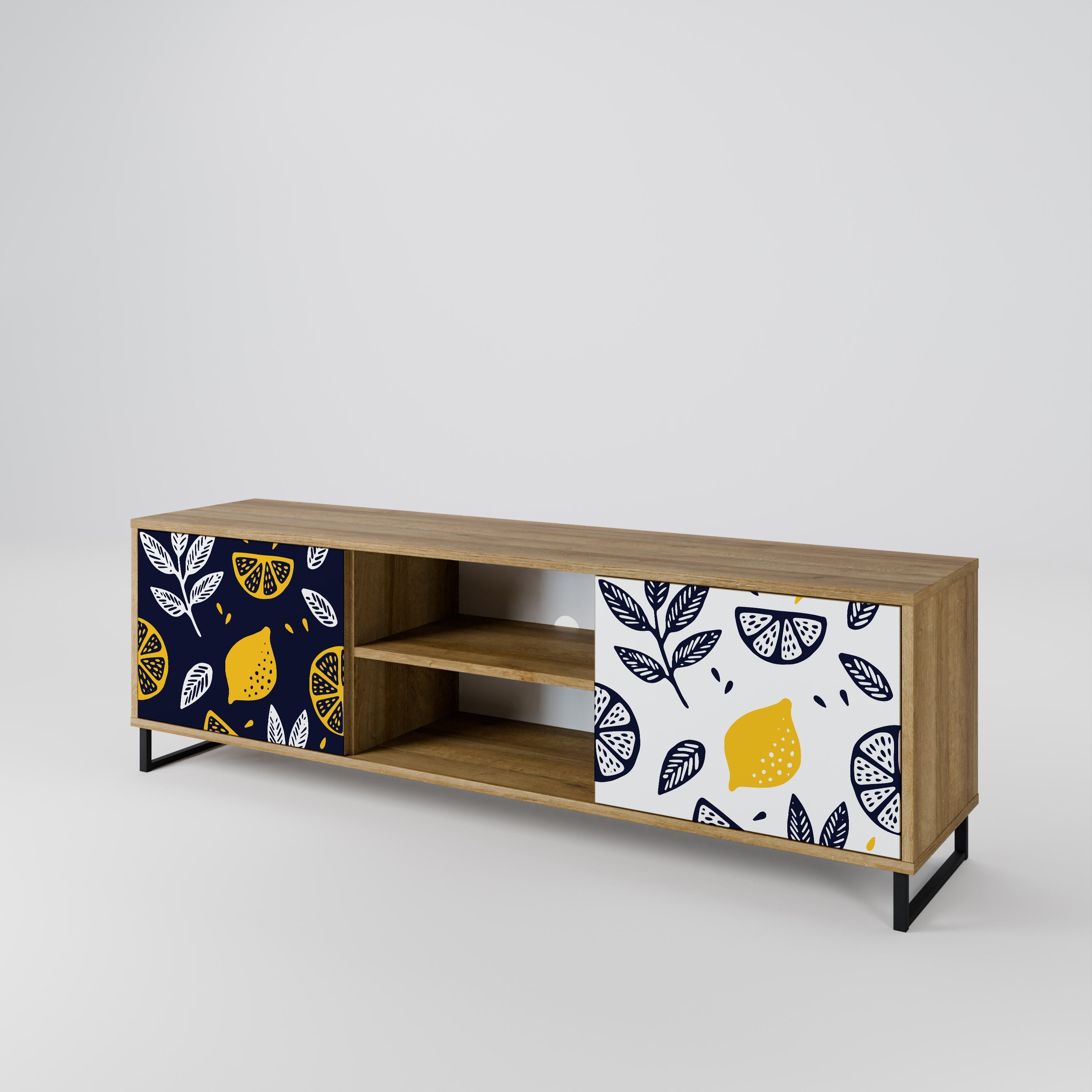 Meuble TV 2 portes CITRUS NOIR ET BLANC effet chêne