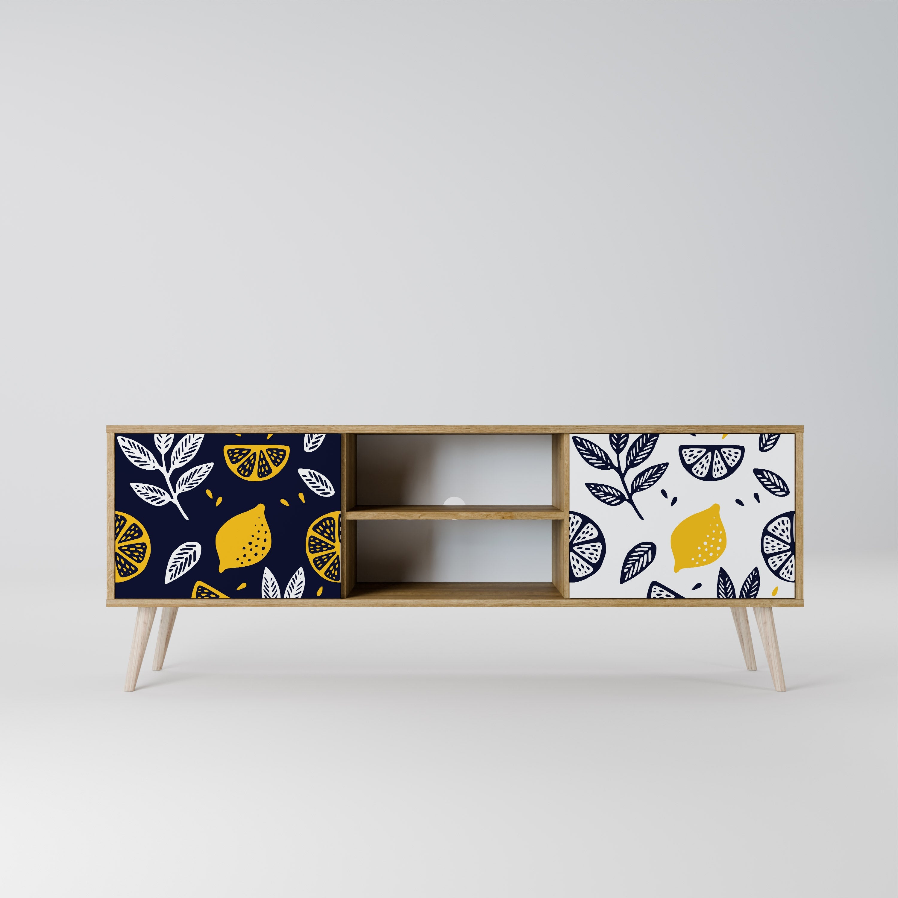 Meuble TV 2 portes CITRUS NOIR ET BLANC effet chêne