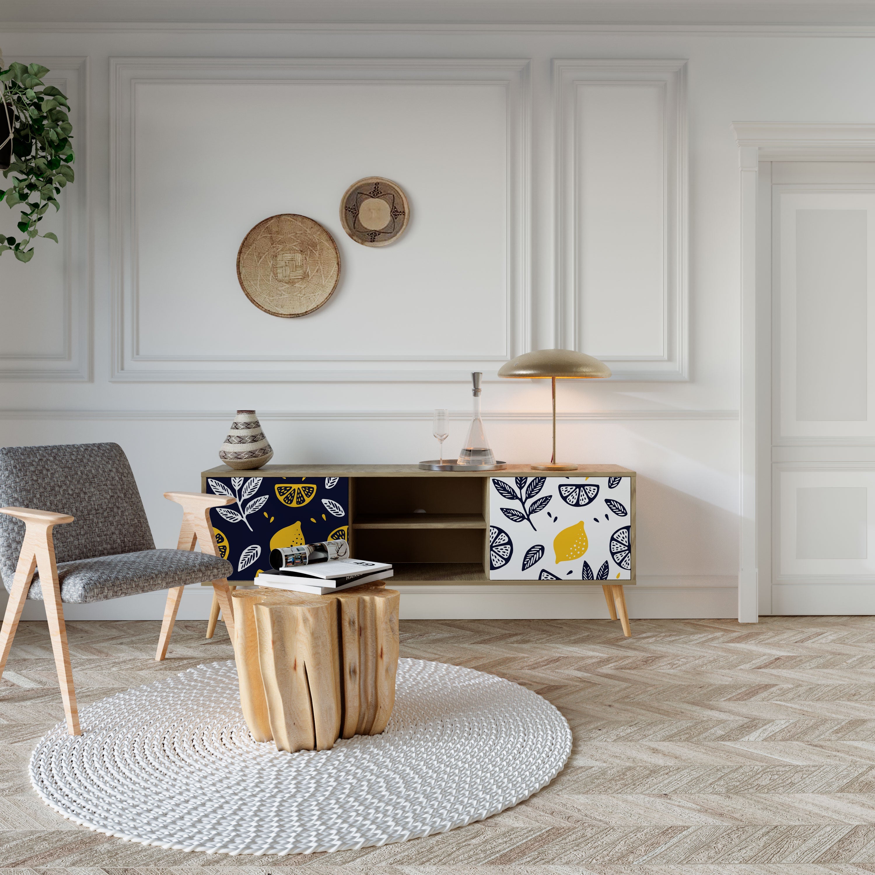 Meuble TV 2 portes CITRUS NOIR ET BLANC effet chêne