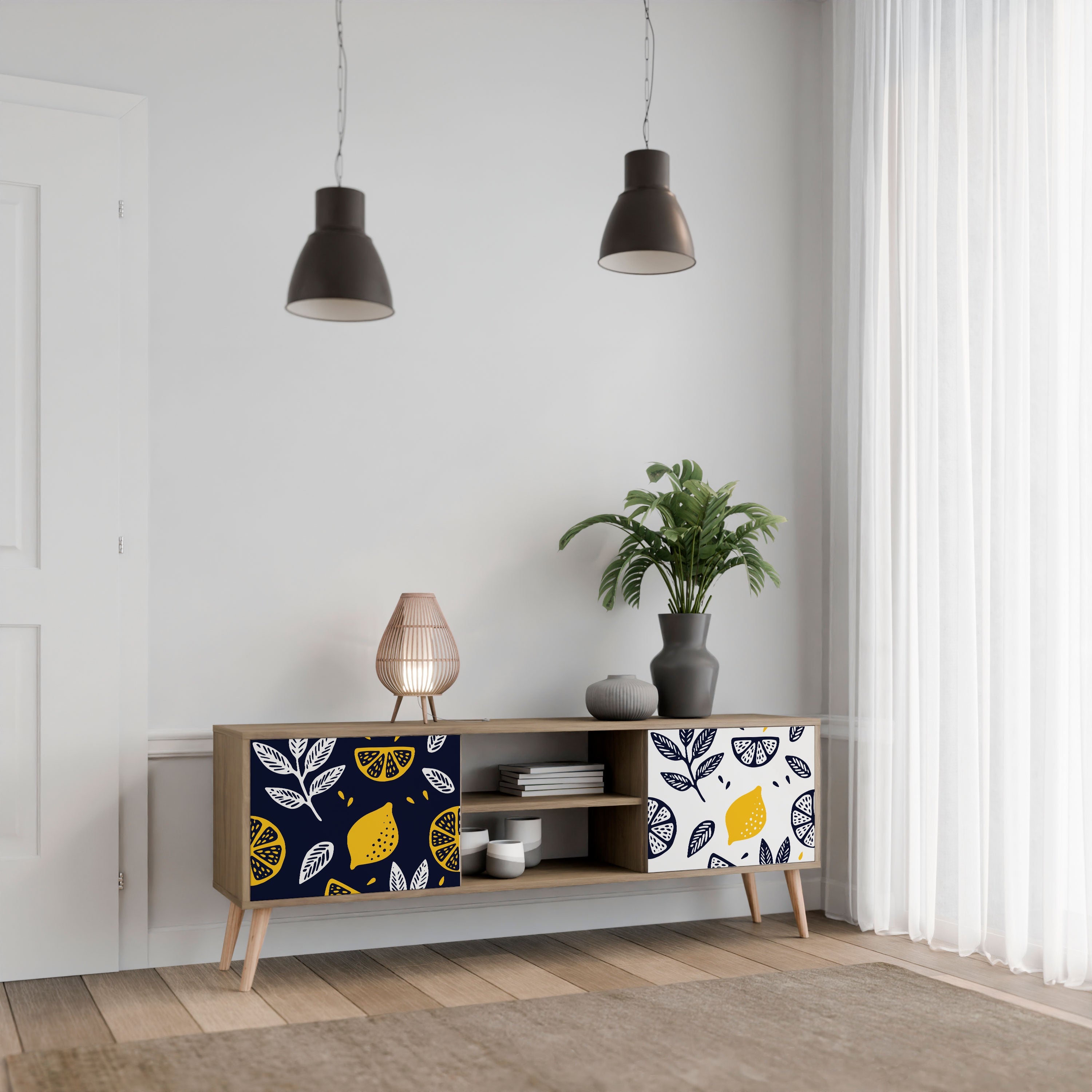 Meuble TV 2 portes CITRUS NOIR ET BLANC effet chêne