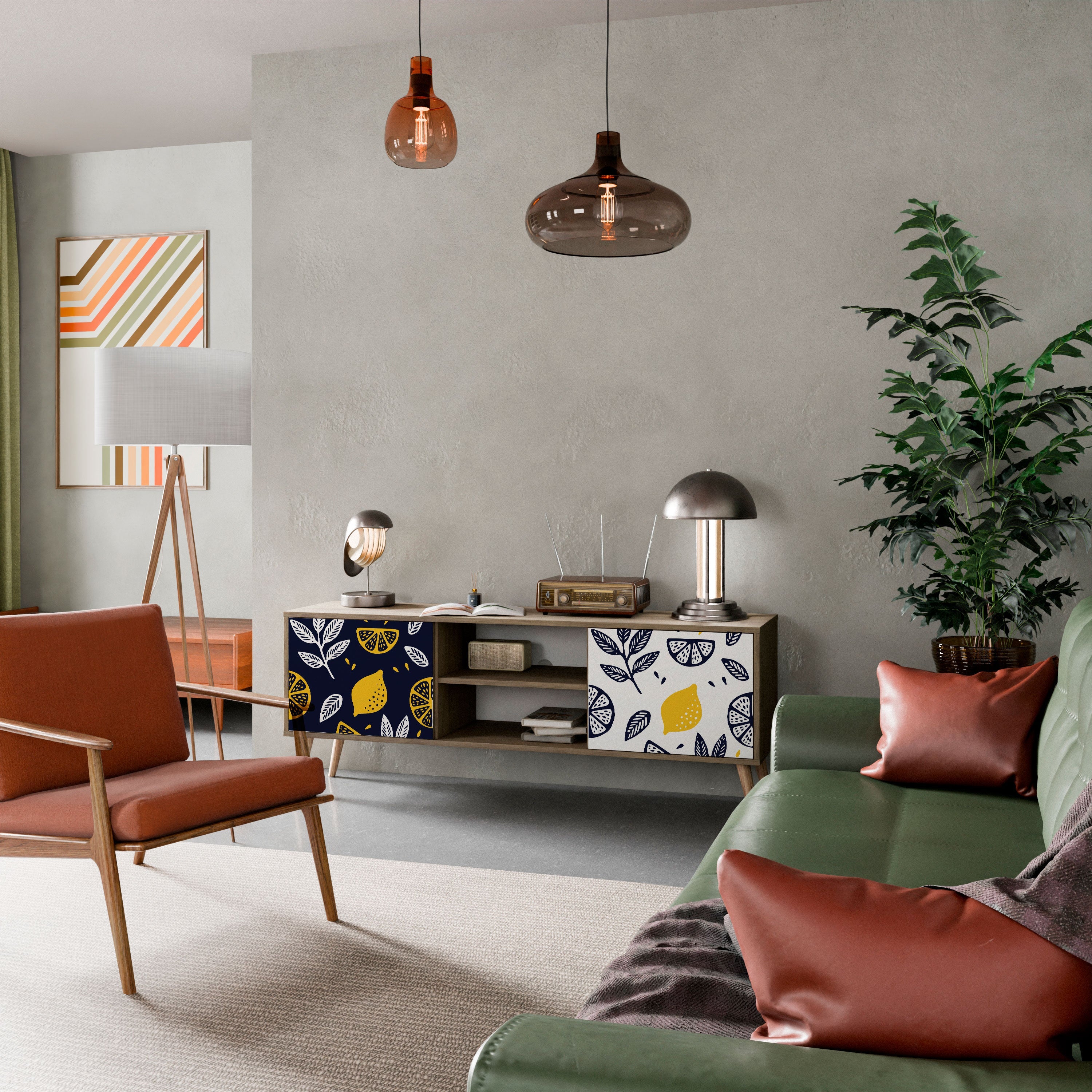 Meuble TV 2 portes CITRUS NOIR ET BLANC effet chêne