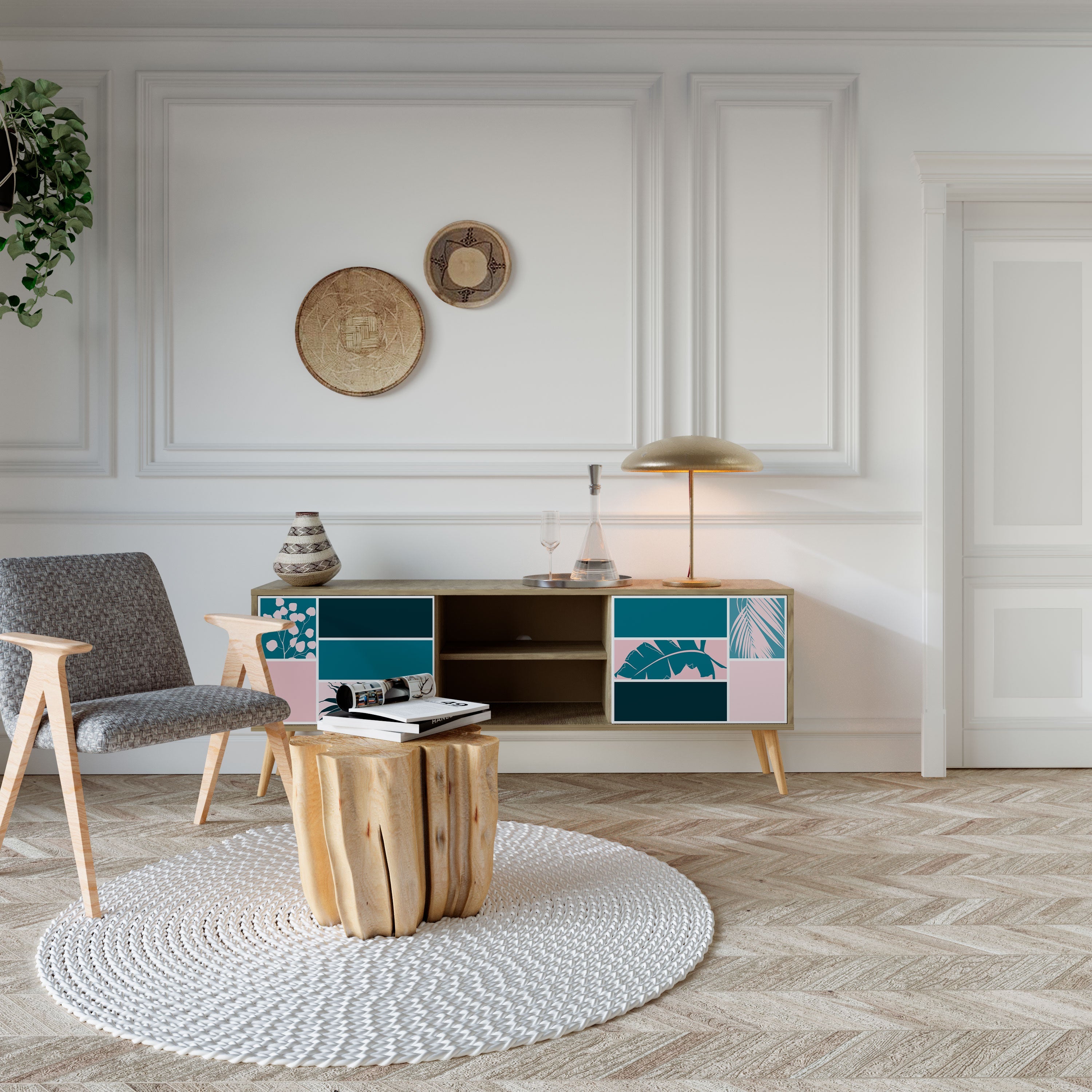 COMBINAISON DE FORMES Meuble TV 2 portes effet chêne