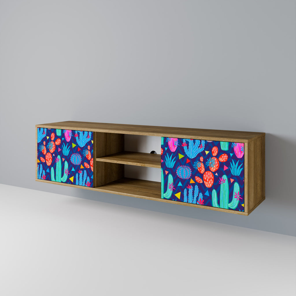 Meuble TV 2 portes CACTUS VIBES effet chêne