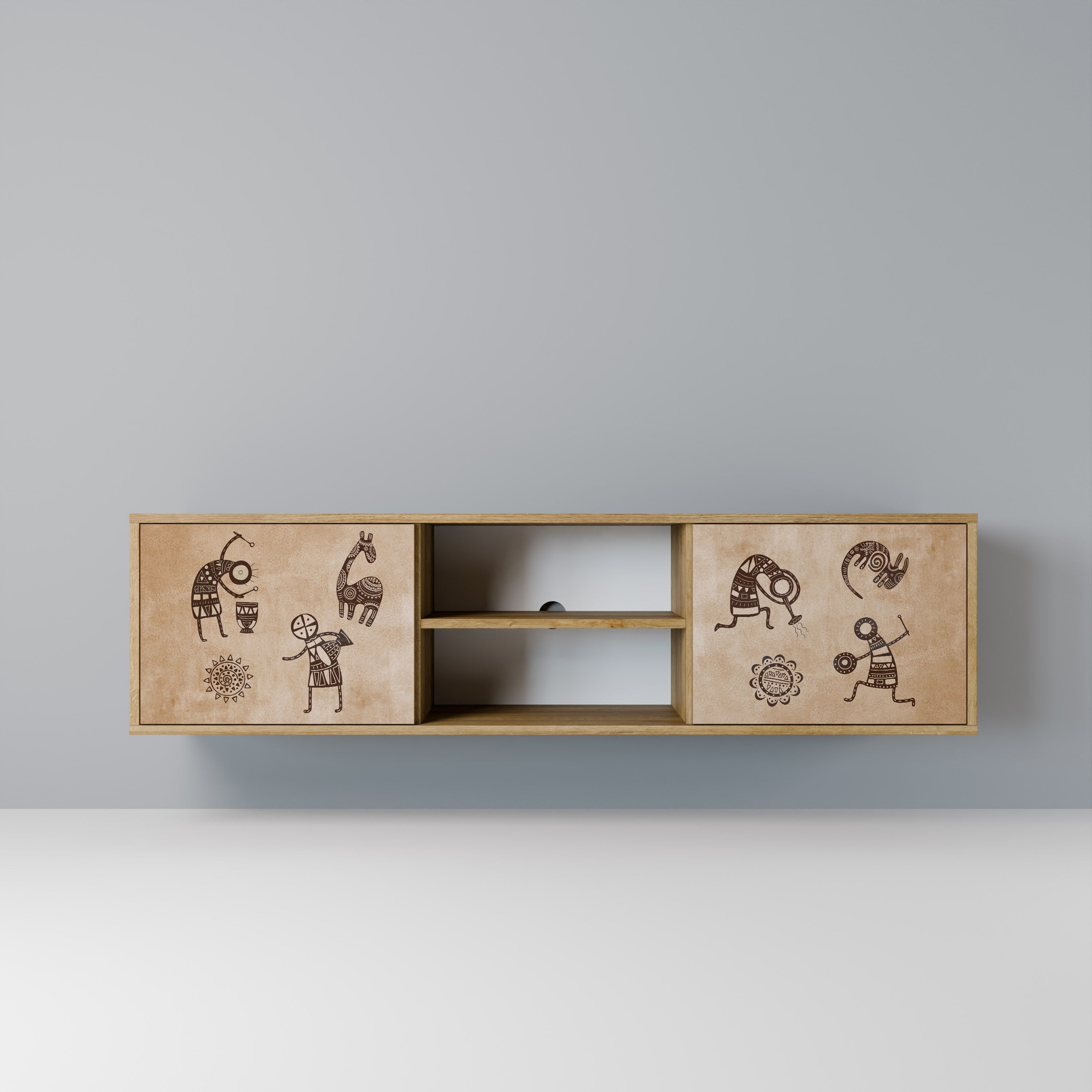 Meuble TV 2 portes style africain effet chêne