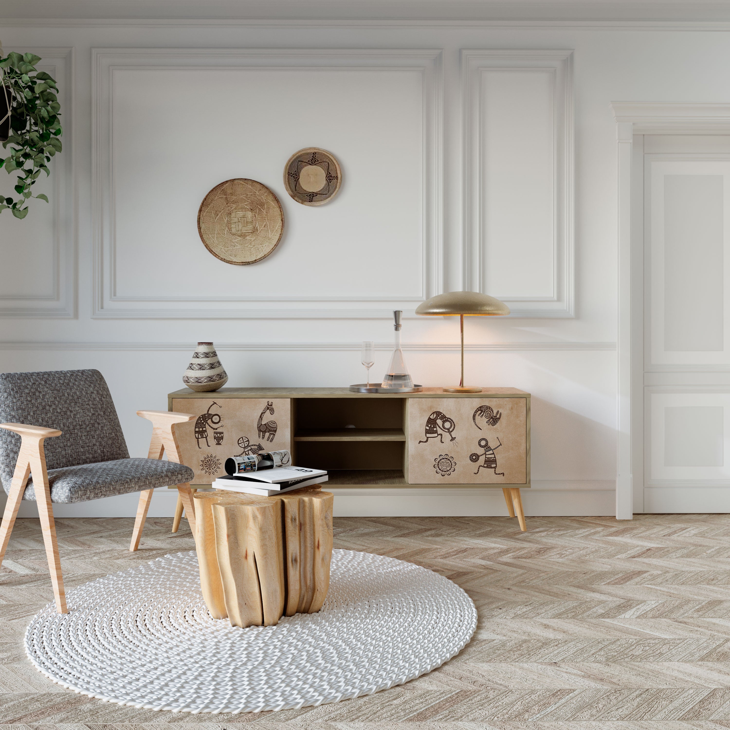 Meuble TV 2 portes style africain effet chêne