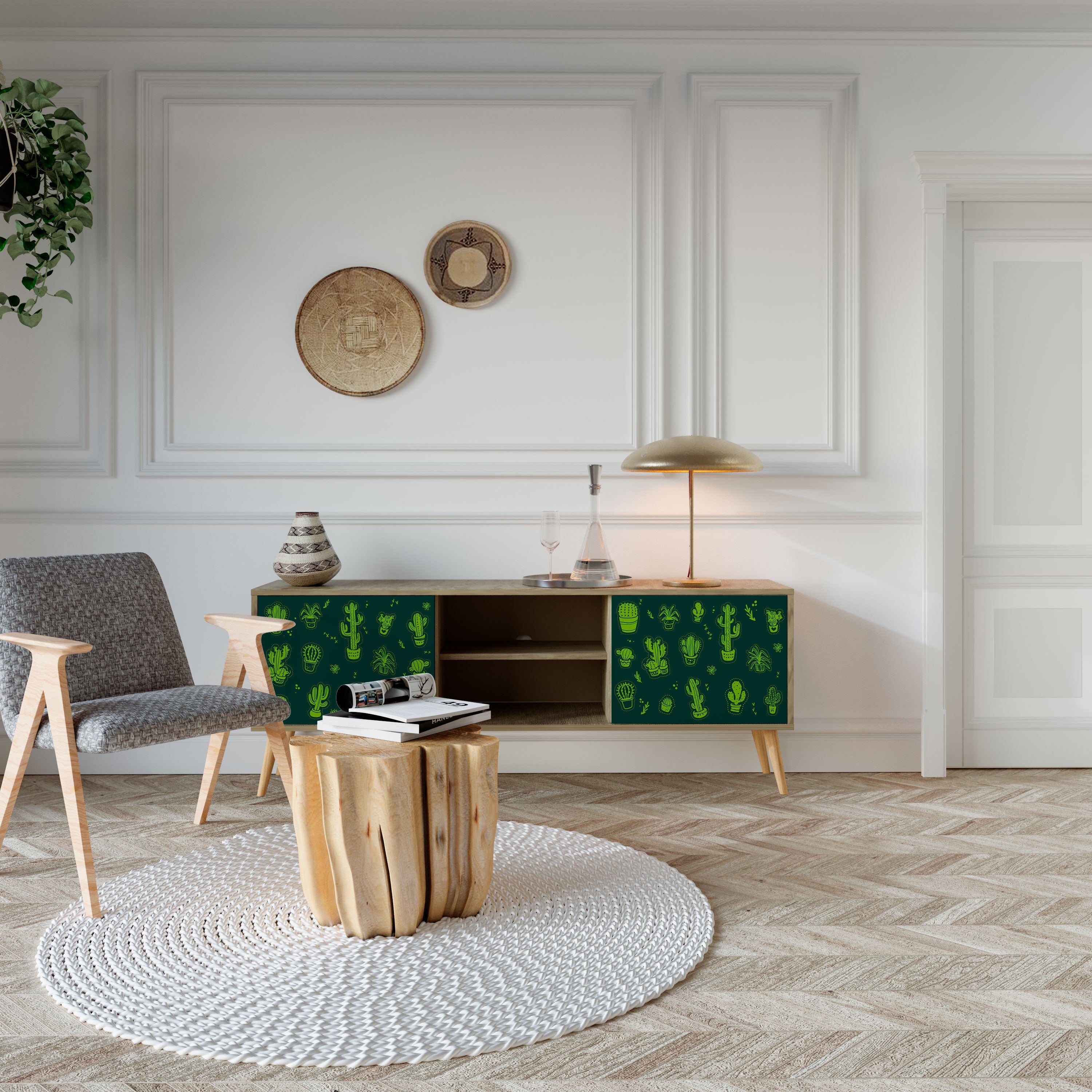 Meuble TV 2 portes VERT DESERT effet chêne