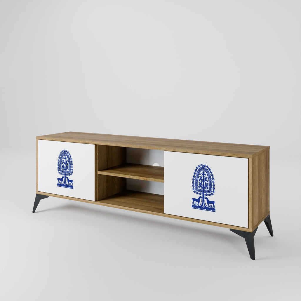 Meuble TV 2 portes effet chêne POLISH FOLK ART