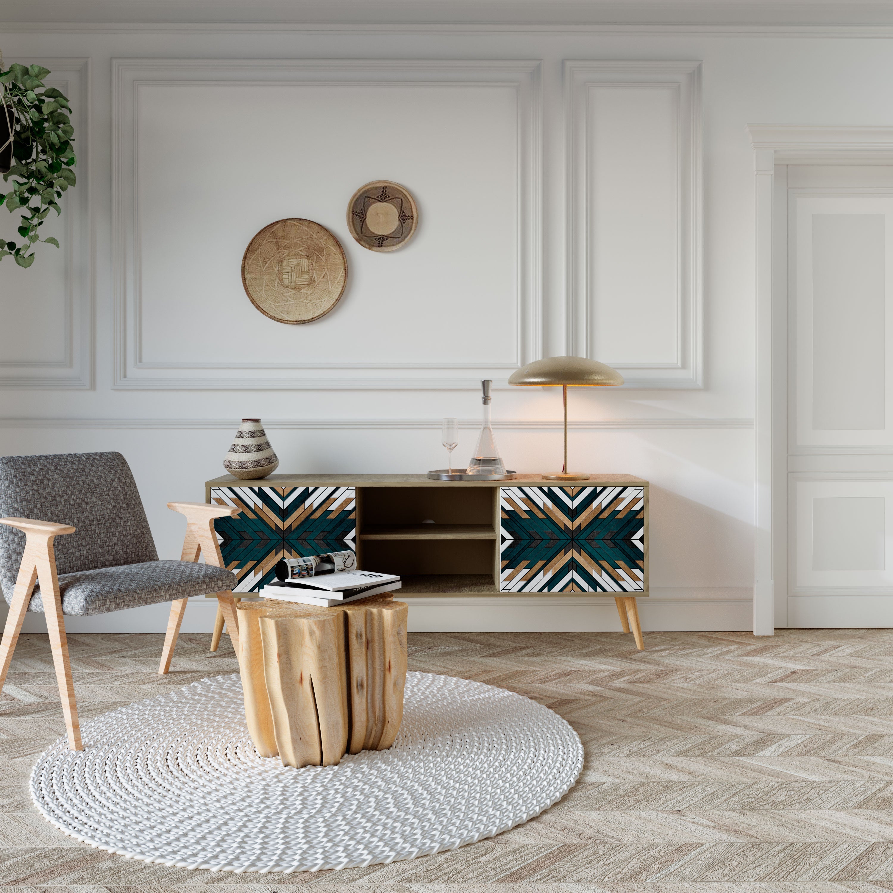 Meuble TV 2 portes ARTISTIC GEOMETRY effet chêne