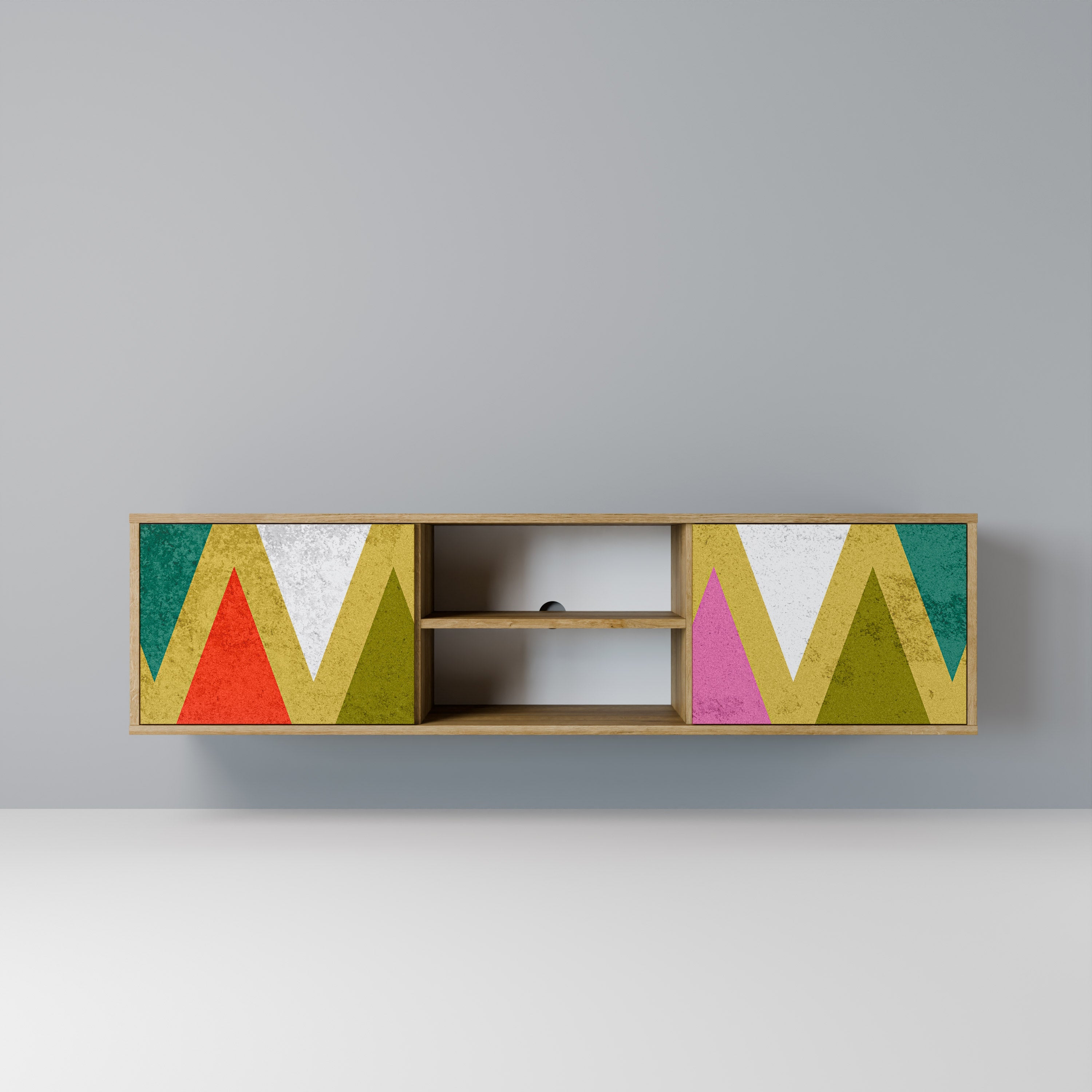 Meuble TV 2 portes TRIANGLES COLORÉS effet chêne