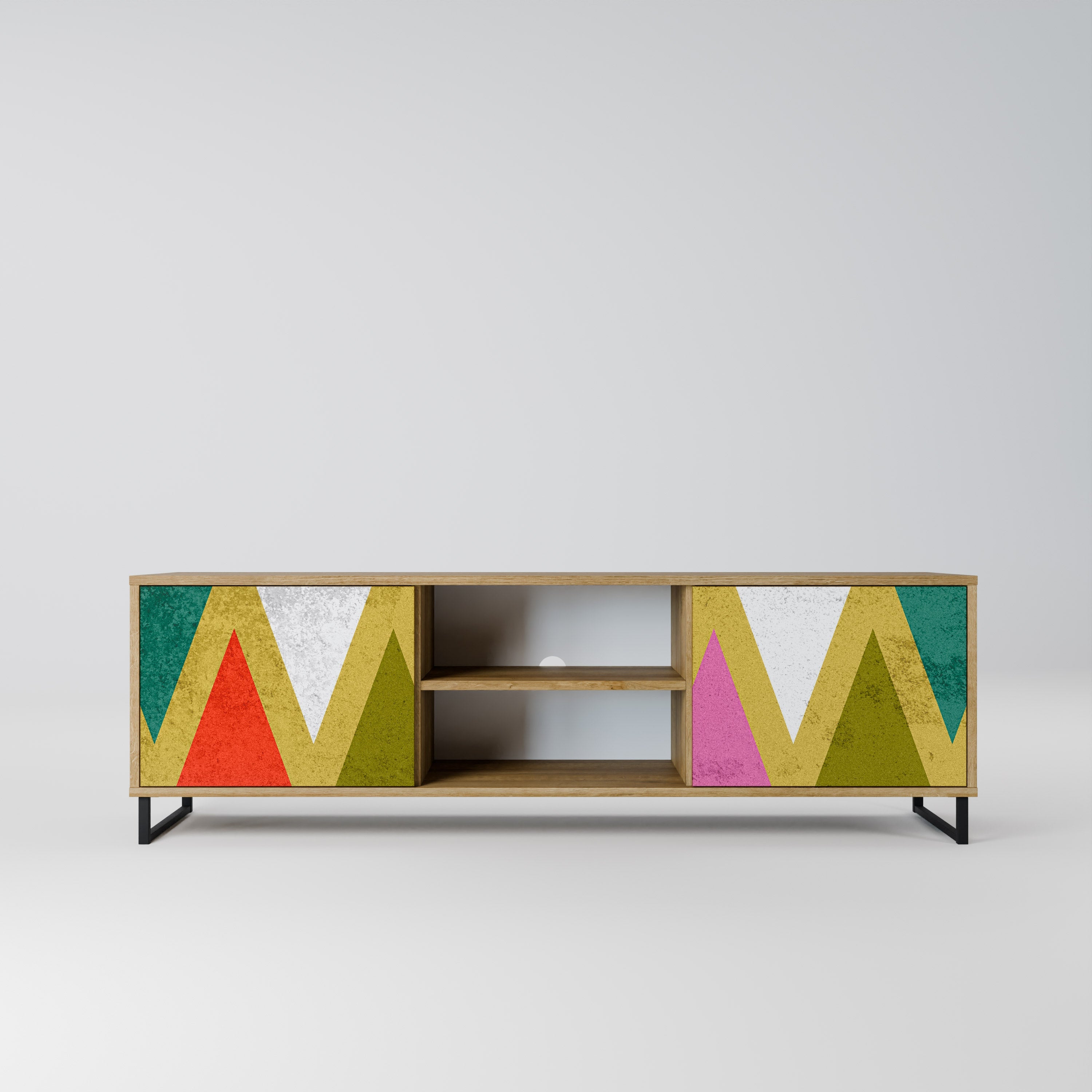 Meuble TV 2 portes TRIANGLES COLORÉS effet chêne