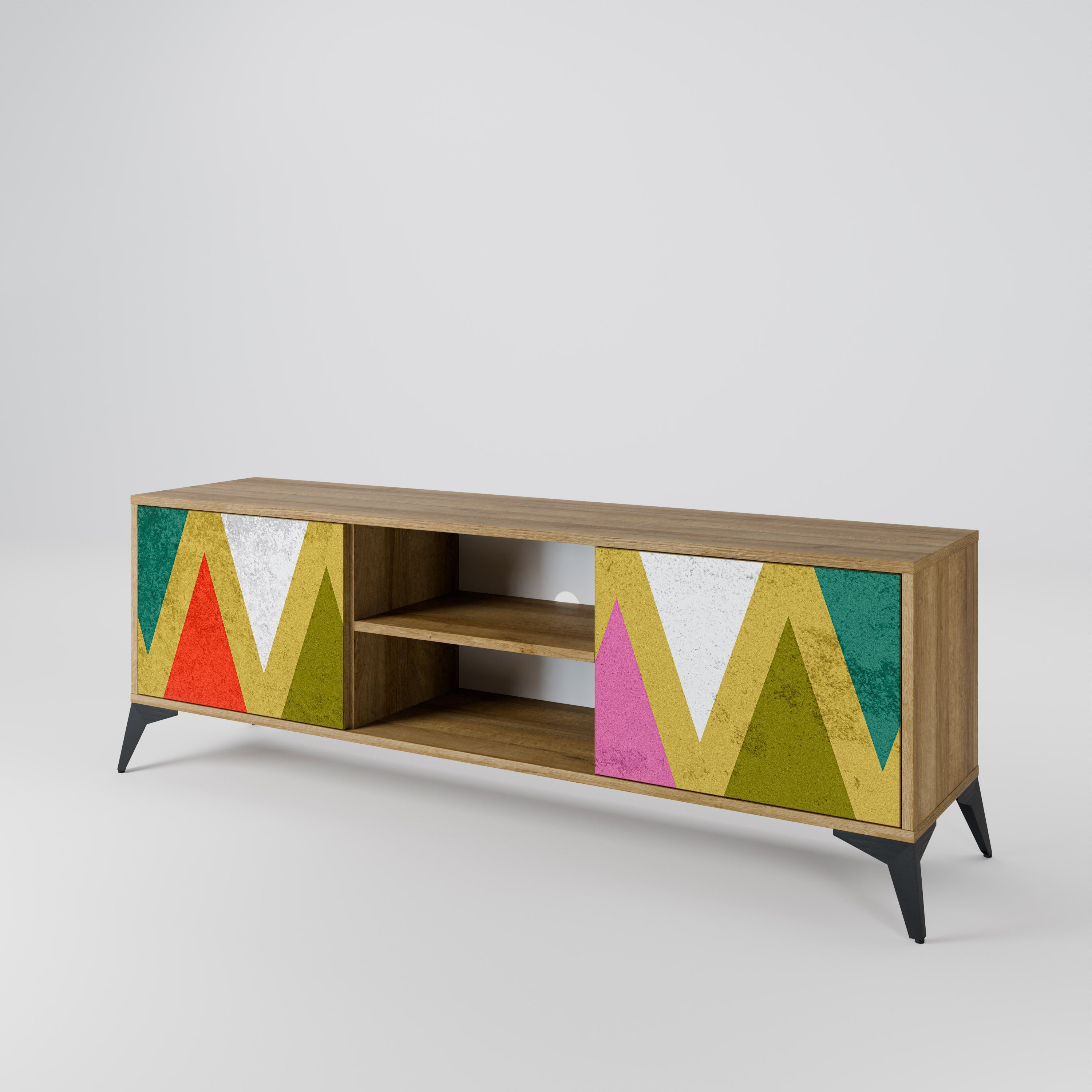 Meuble TV 2 portes TRIANGLES COLORÉS effet chêne