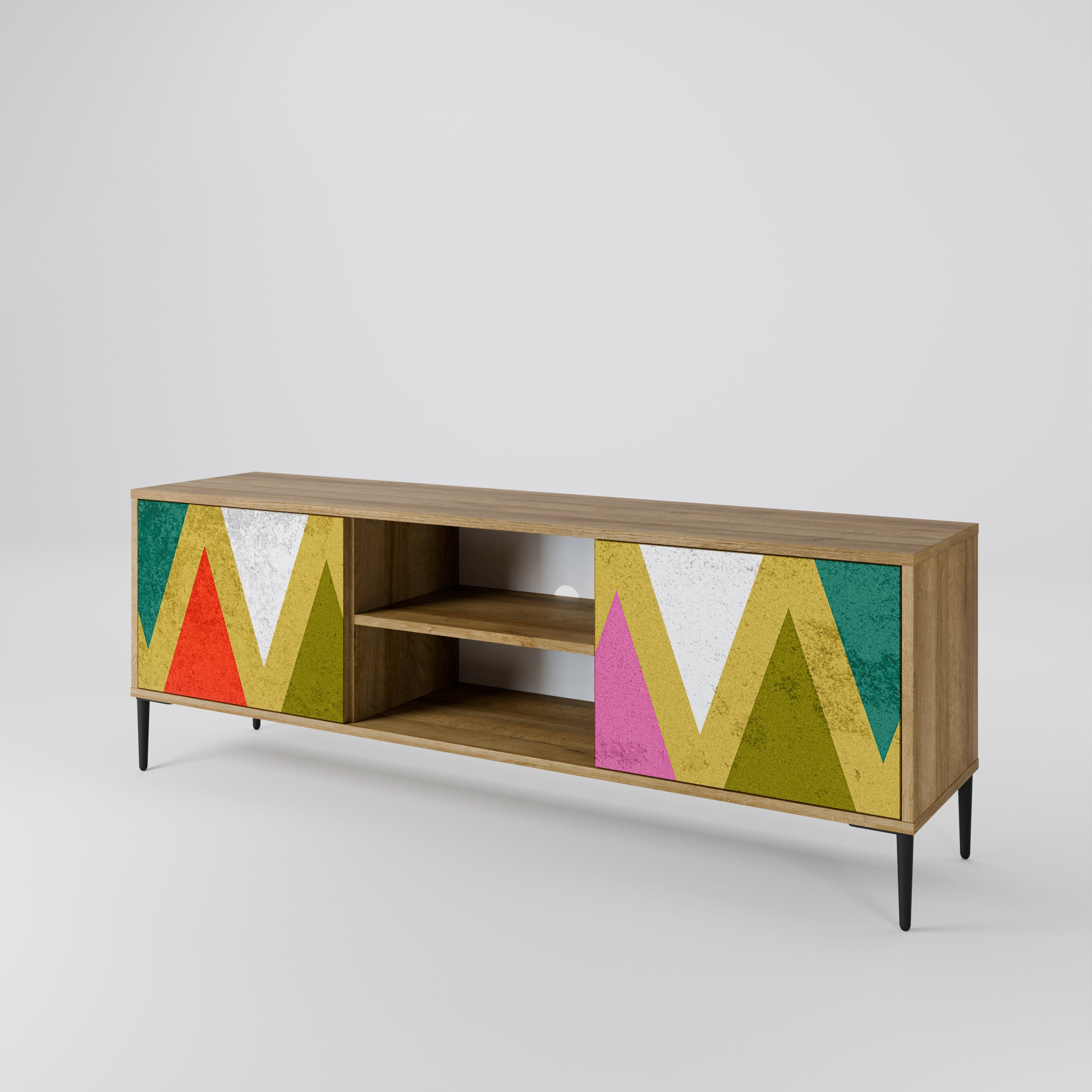 Meuble TV 2 portes TRIANGLES COLORÉS effet chêne