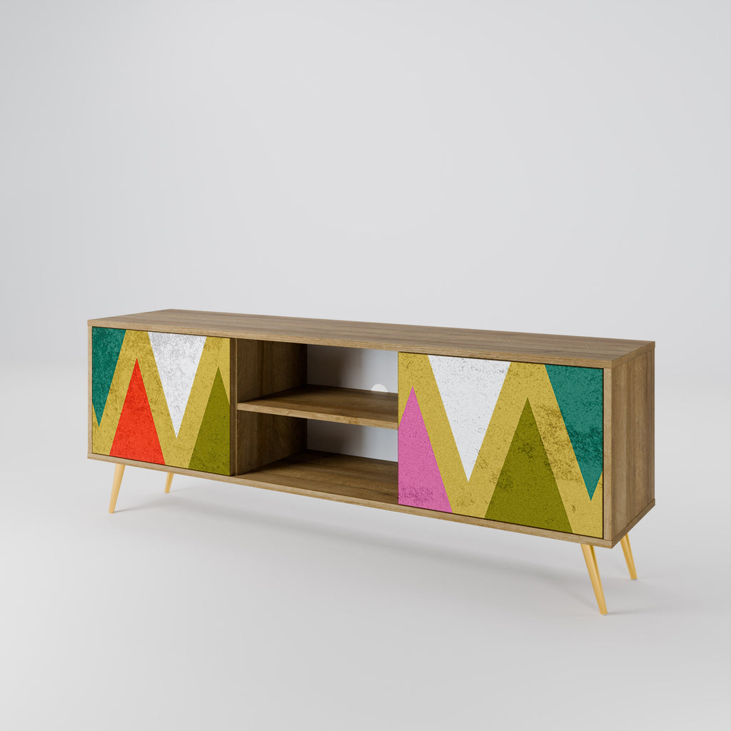 Meuble TV 2 portes TRIANGLES COLORÉS effet chêne
