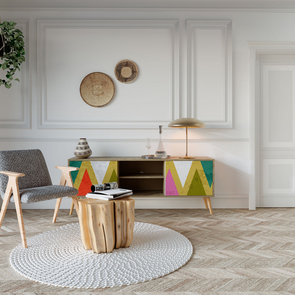 Meuble TV 2 portes TRIANGLES COLORÉS effet chêne